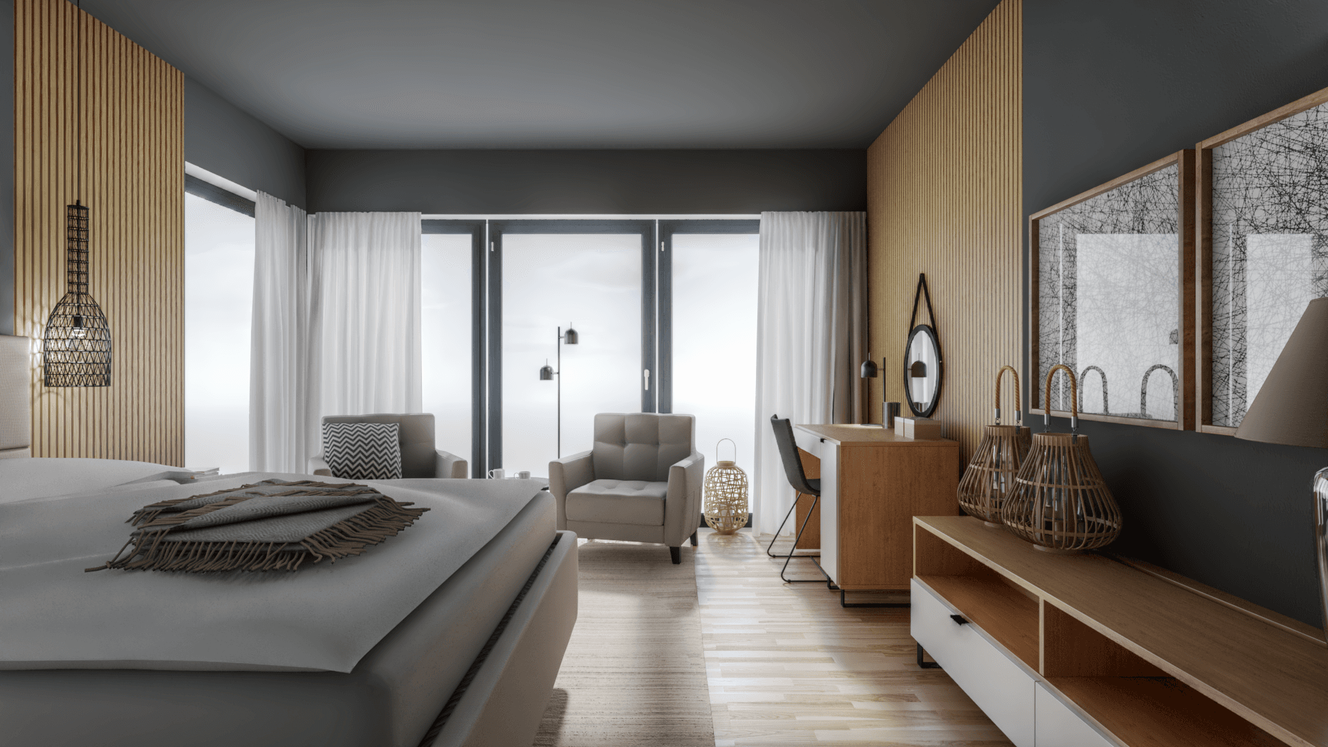 Sunny cream bedroom with corner window 