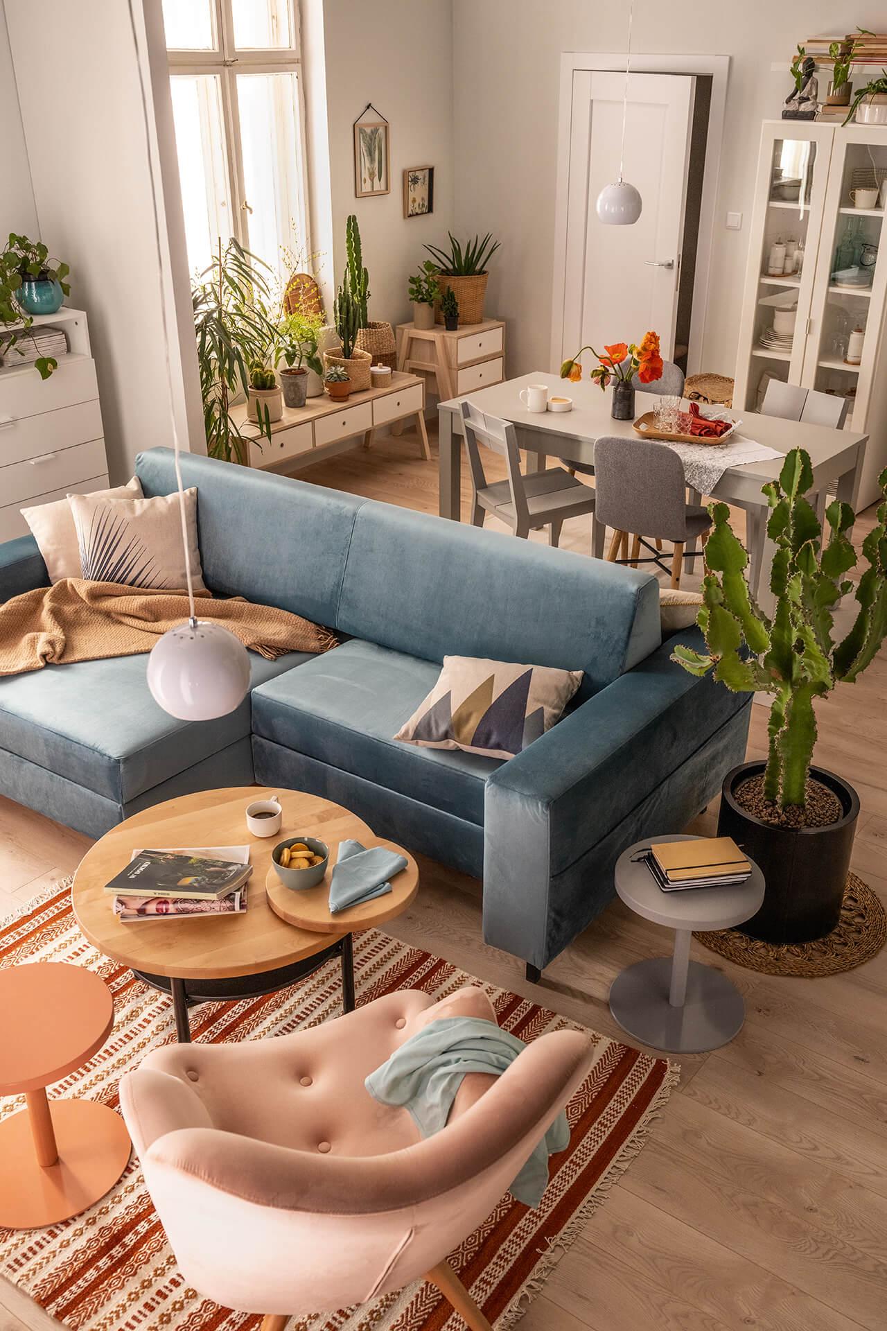 welurowa sofa w salonie z jadalnią