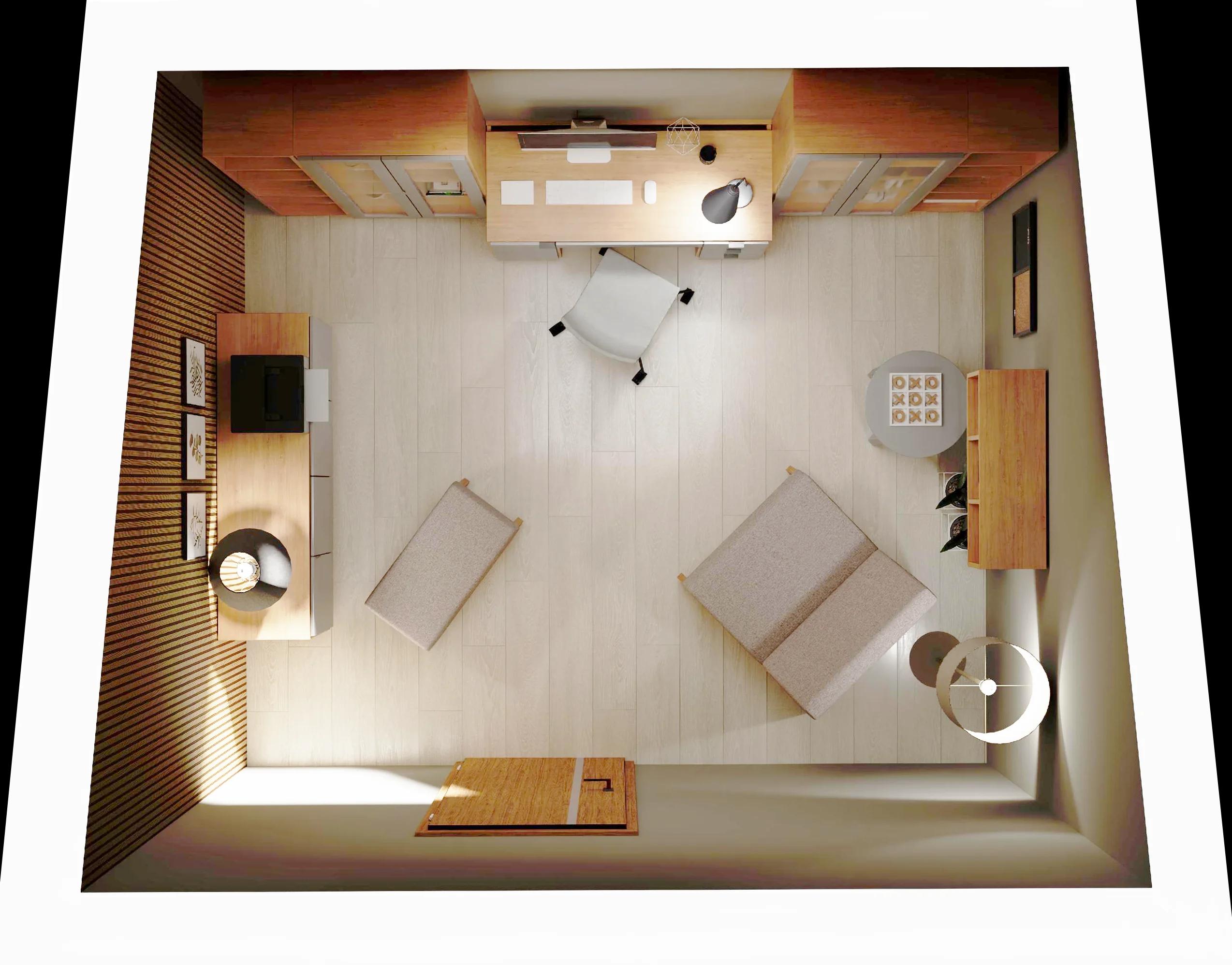 Harmonijne home office w barwach szarości i drewna