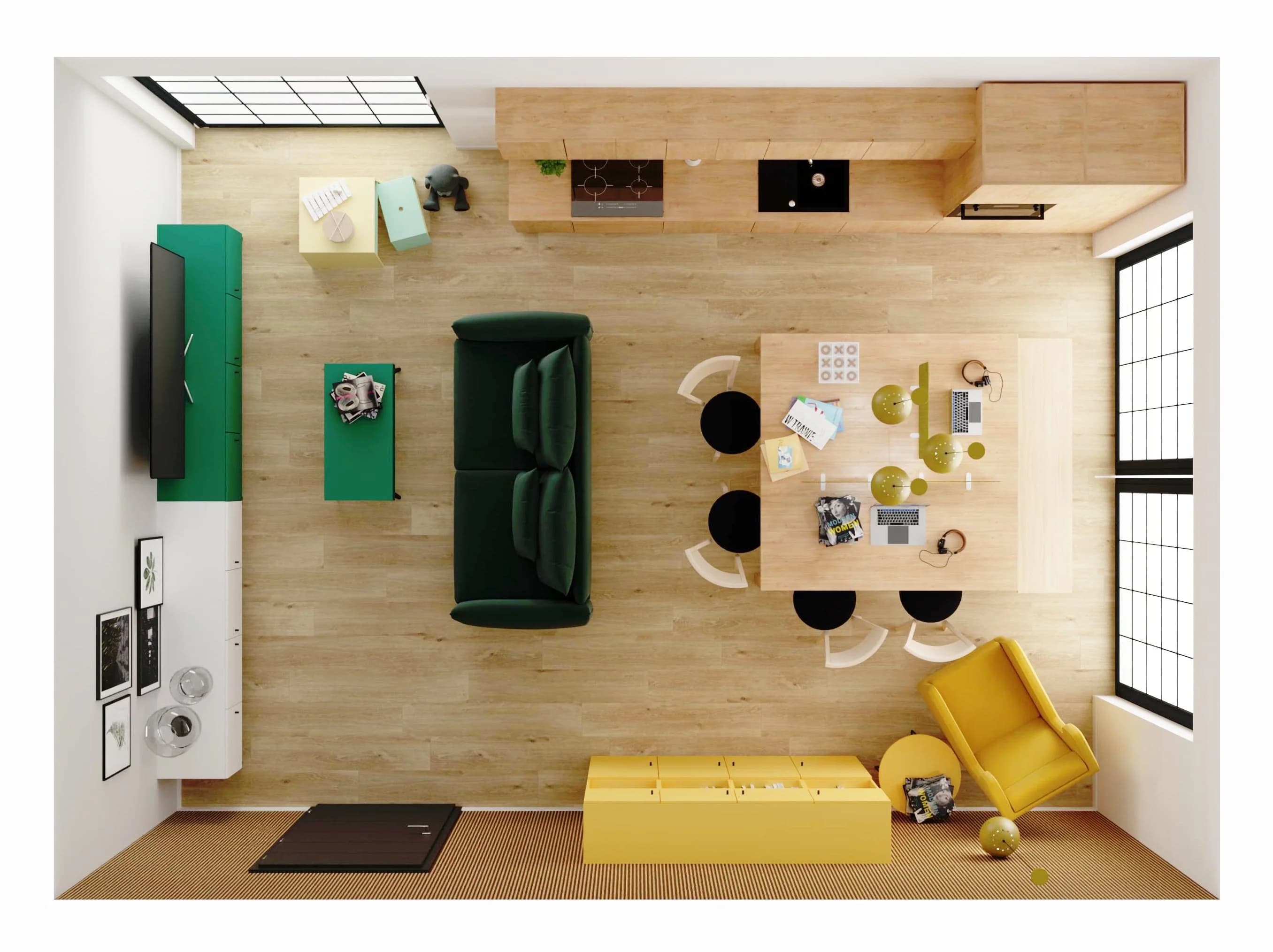 Ciepły salon z kuchnią i miejscem do pracy