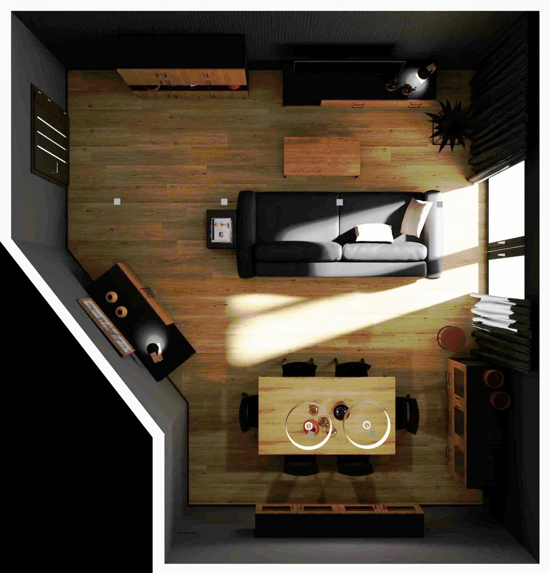 Contrasting living and dining room in an elegant edition