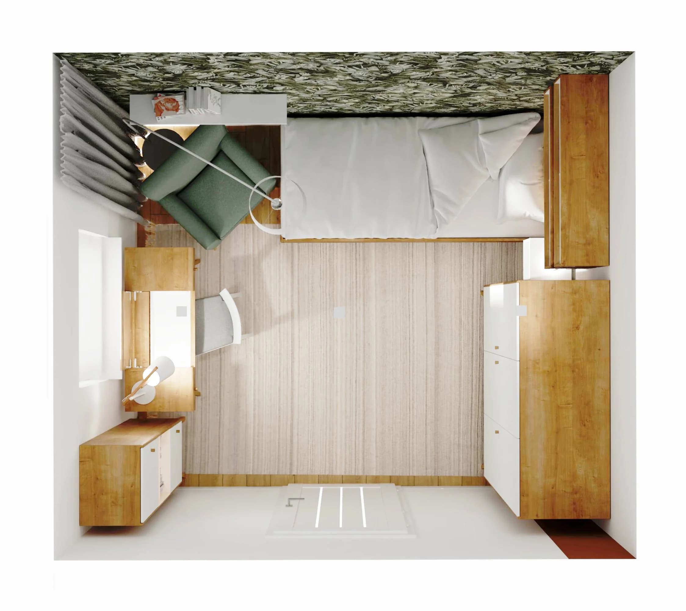 A teenage girl's small room with a botanical wall