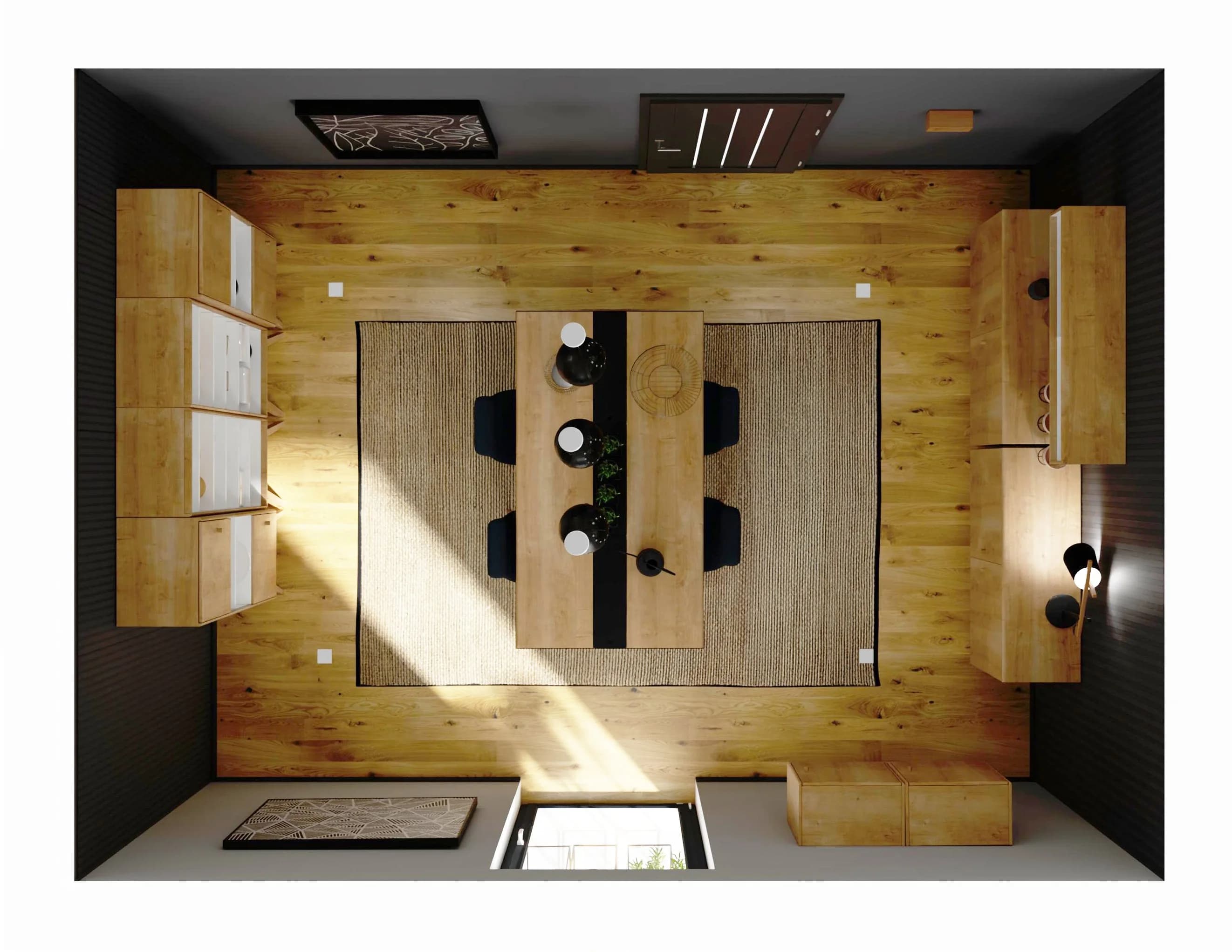 Nastrojowa jadalnia z czarną ścianą i drewnianą podłogą