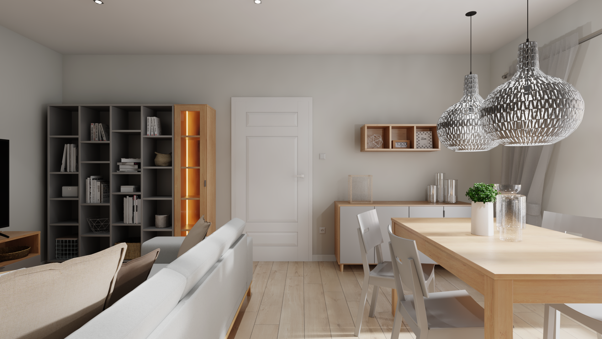 Beige living room with large dining table