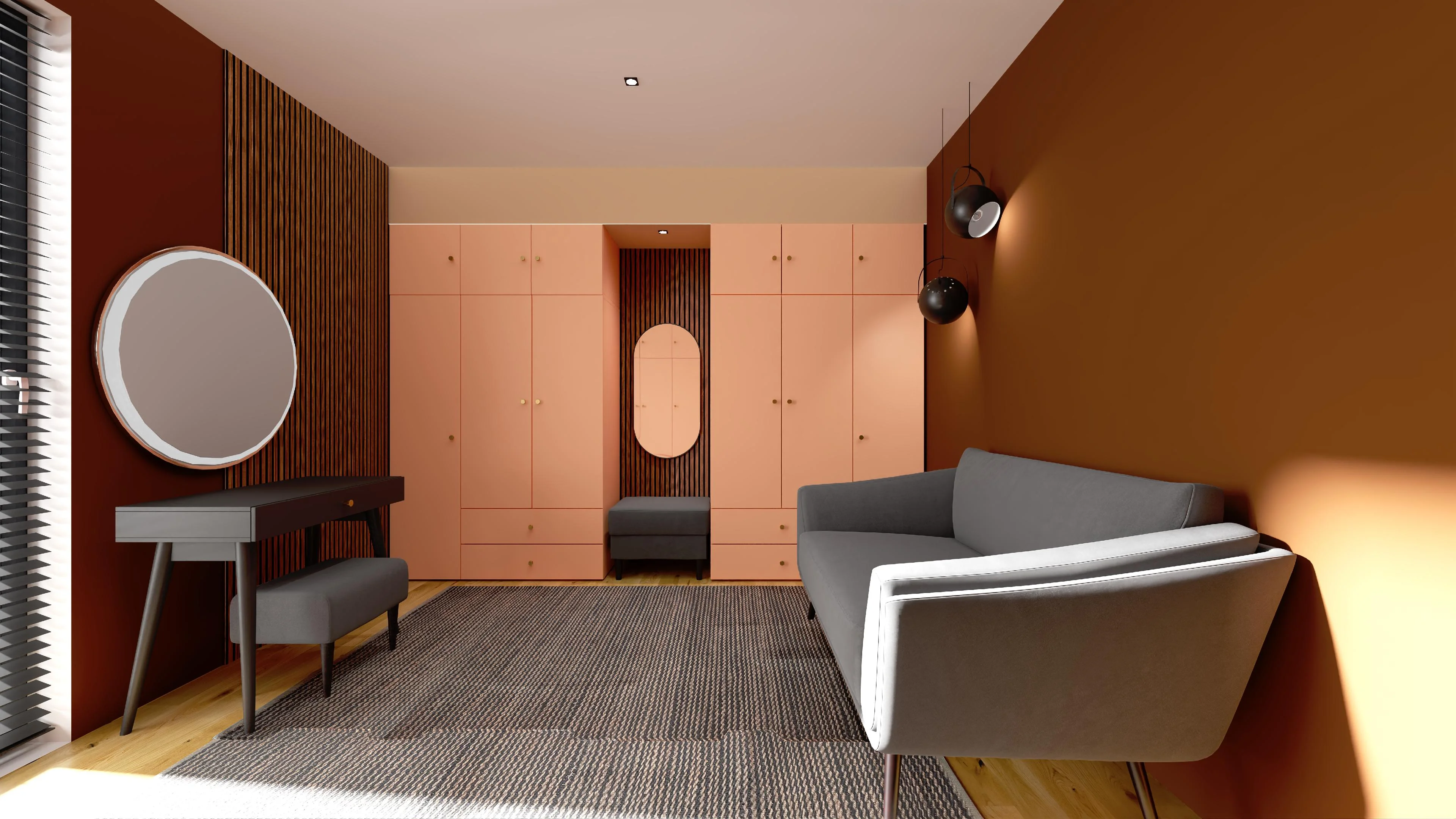 Warm dressing room with sofa and dressing table