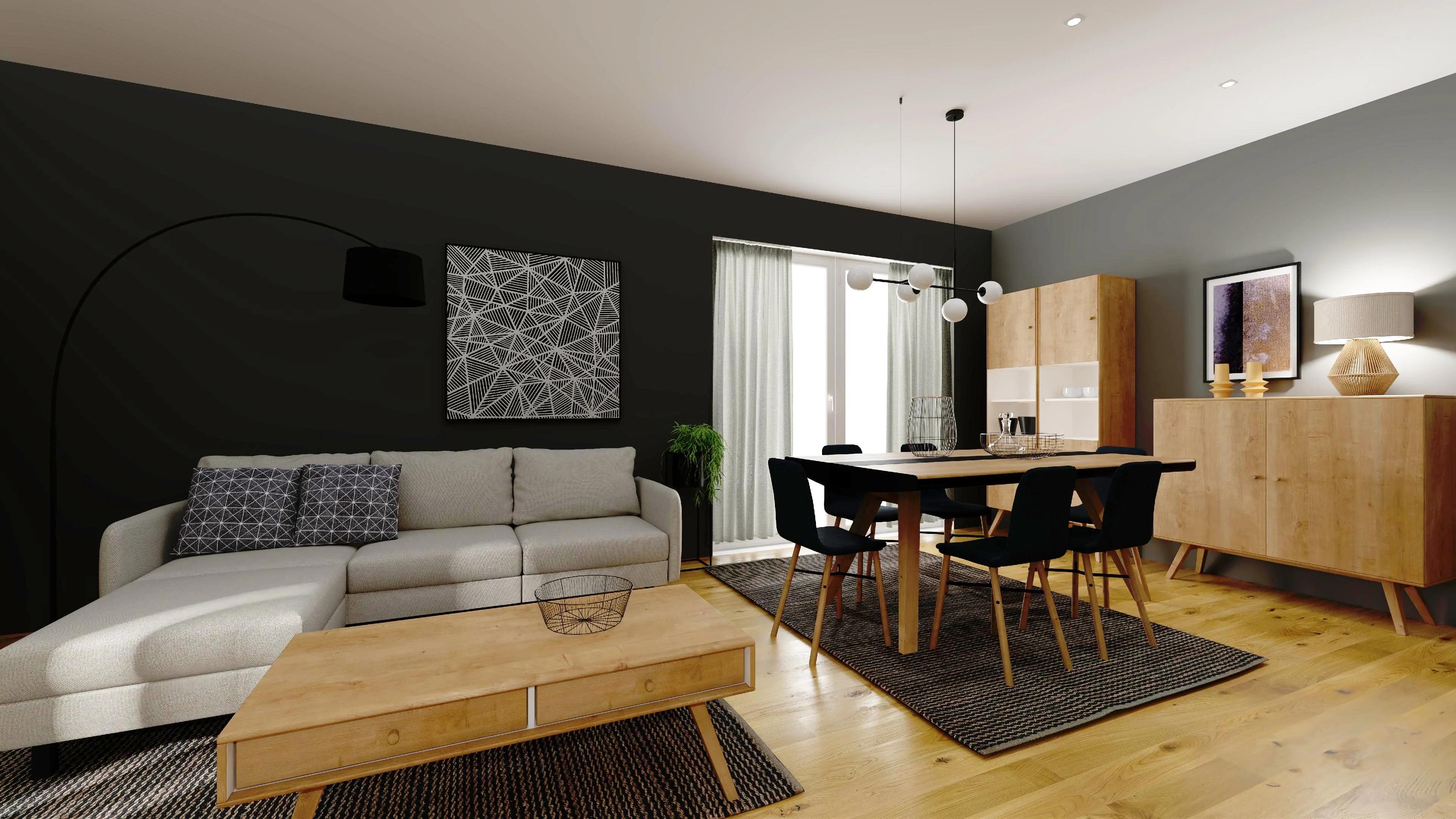 Grafitowy living room z jadalnią 