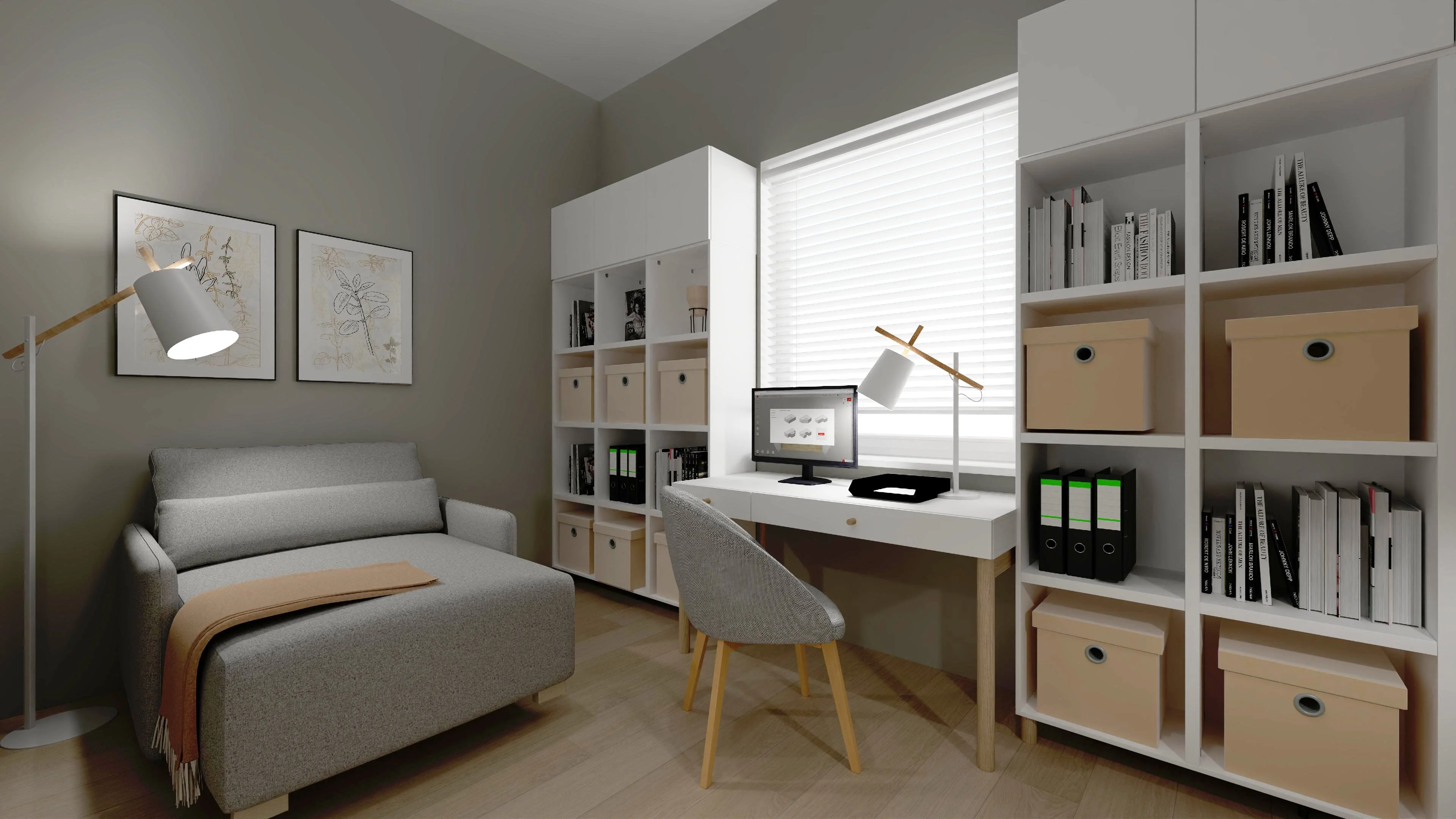 Wygodne home office z regałami i leżanką