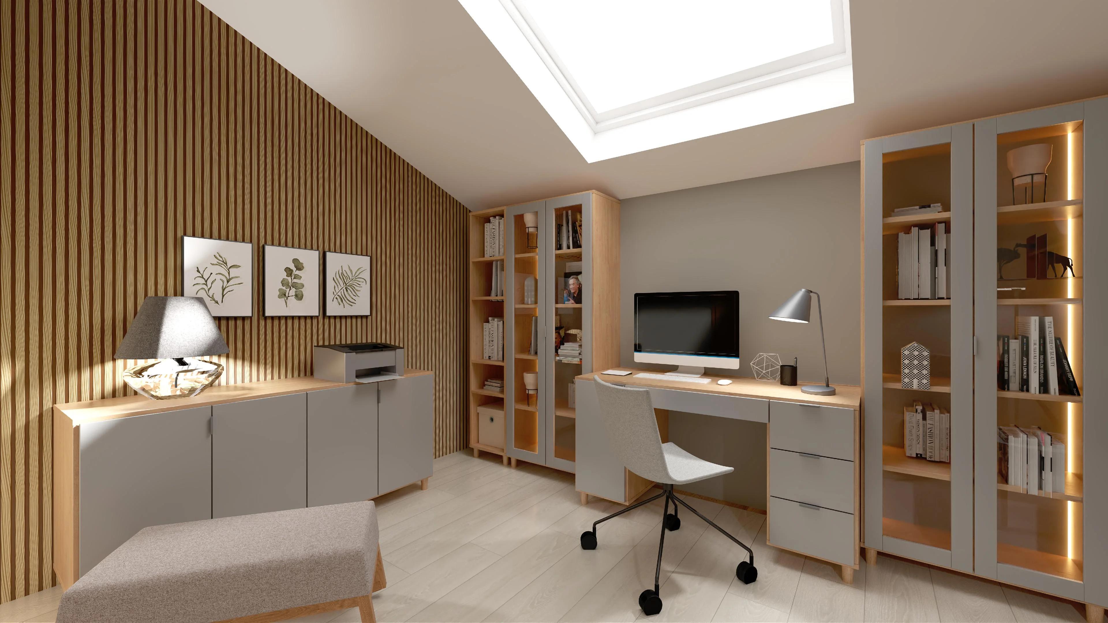 Harmonijne home office w barwach szarości i drewna