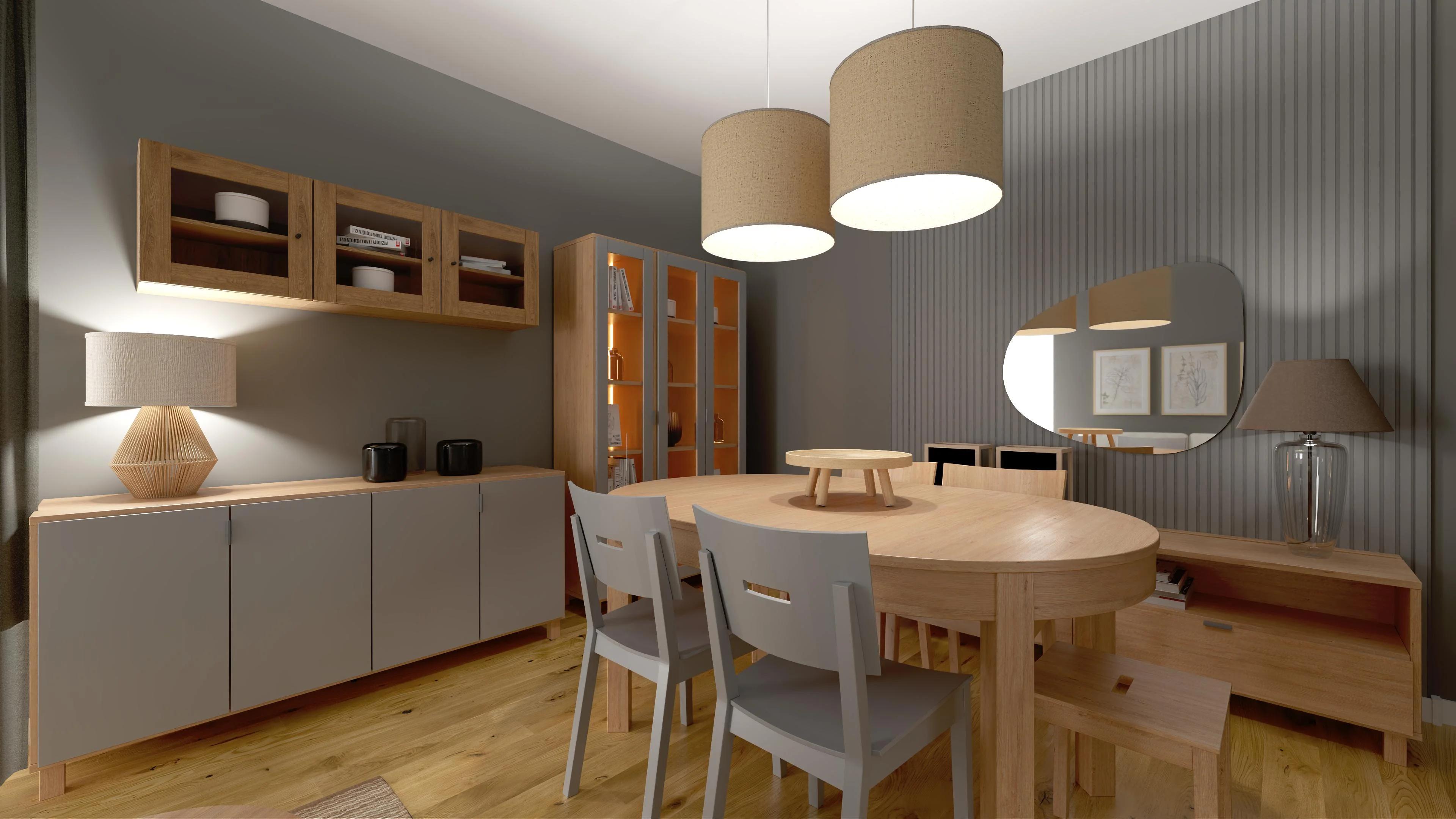 Przytulny salon z jadalnią w kolorach szarości i drewna