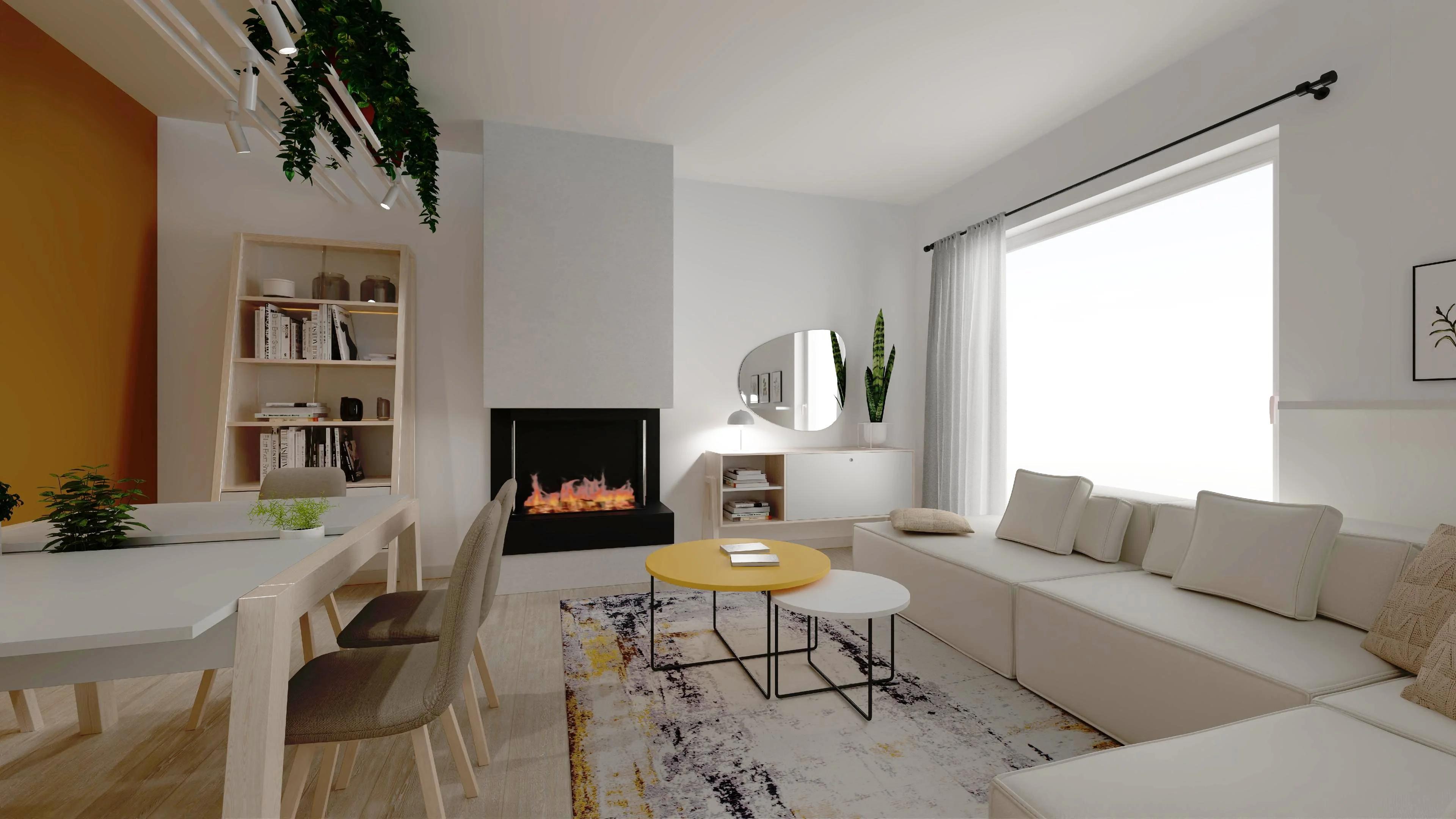 Przestronny living room z jadalnią i kominkiem