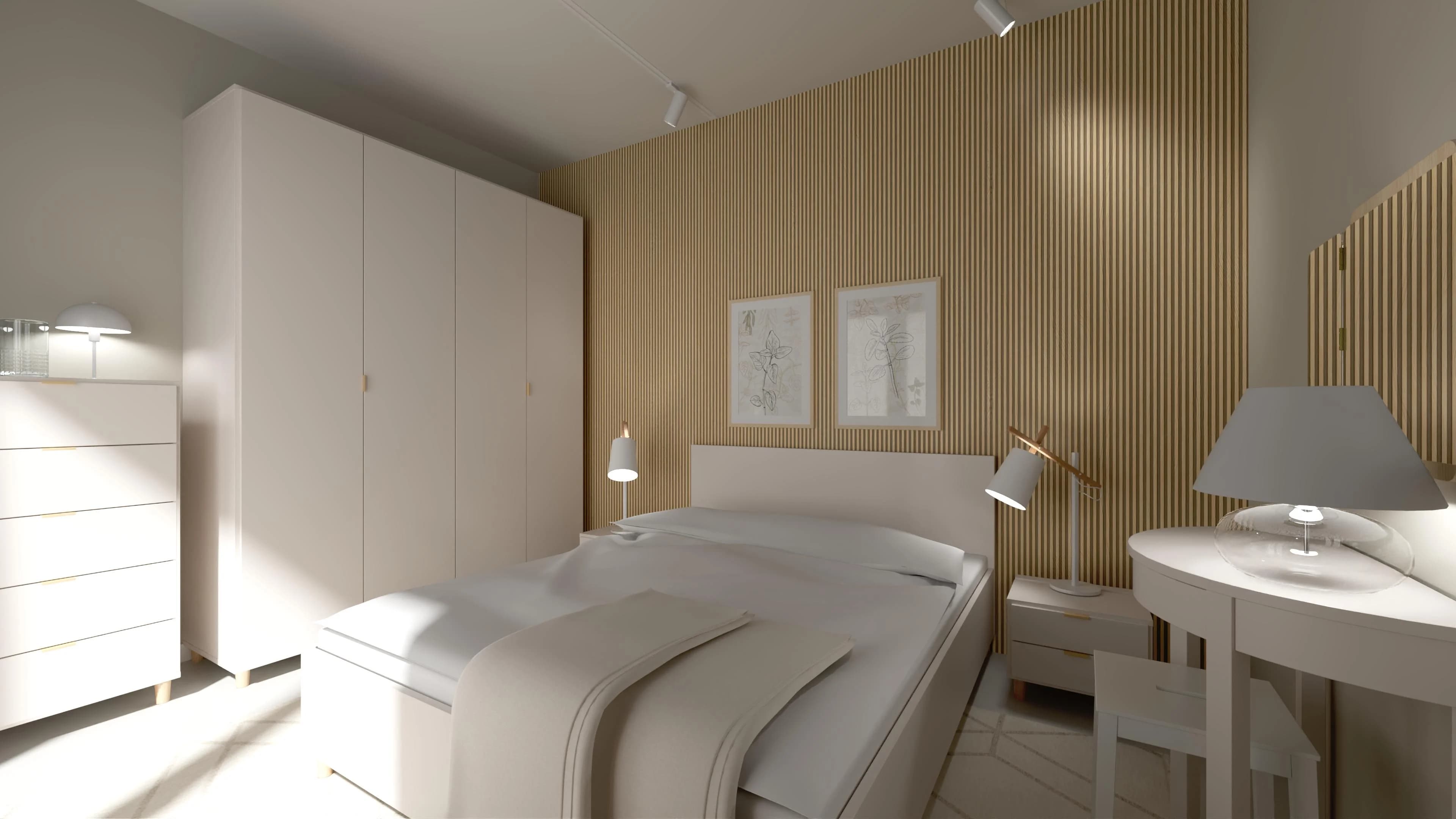 Drewno, beż i biel – przytulna sypialnia dla dwojga