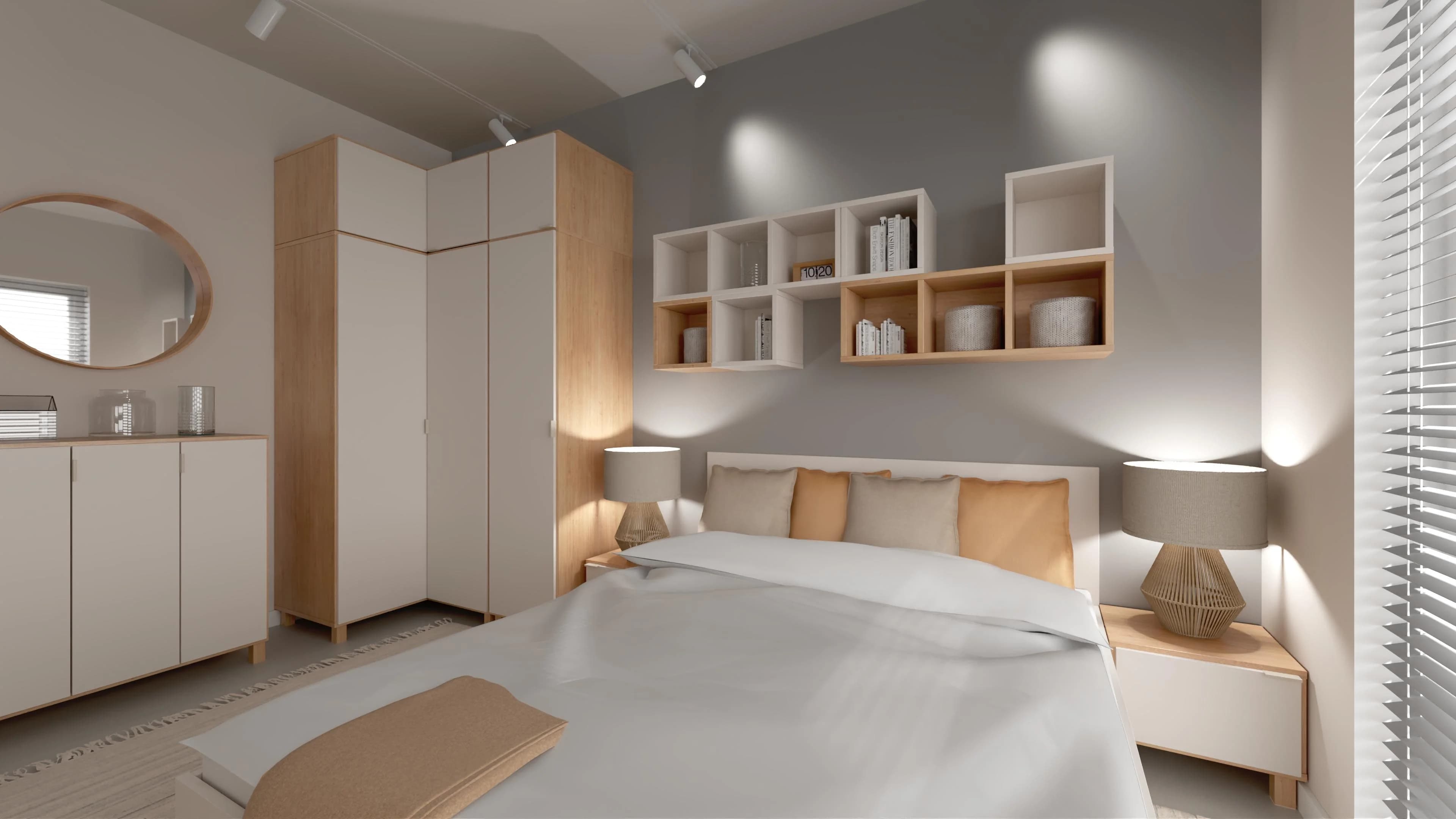 Przytulna sypialnia dwuosobowa z narożną szafą