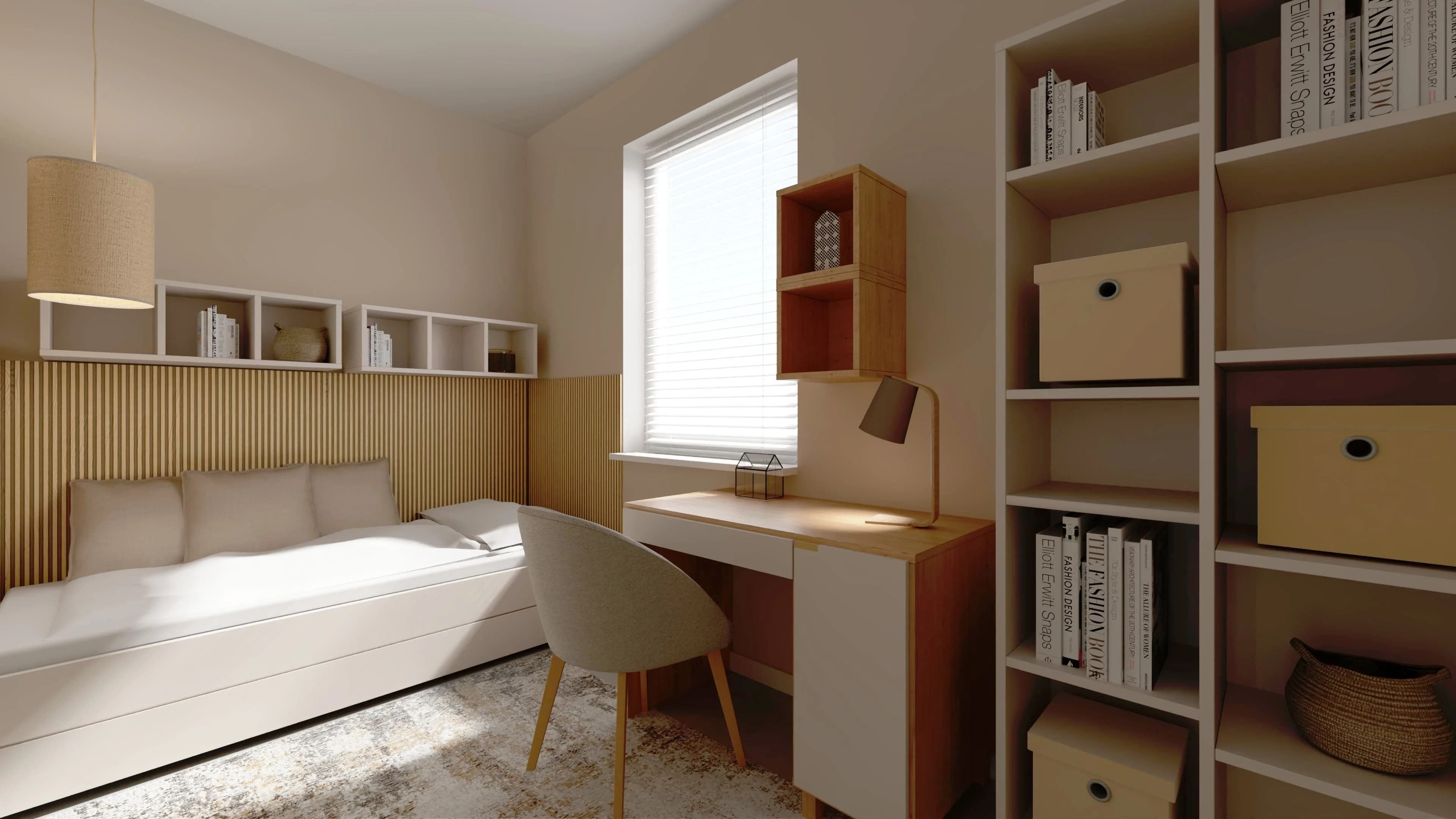 Mały, wąski pokój nastolatka z przemyślanymi schowkami