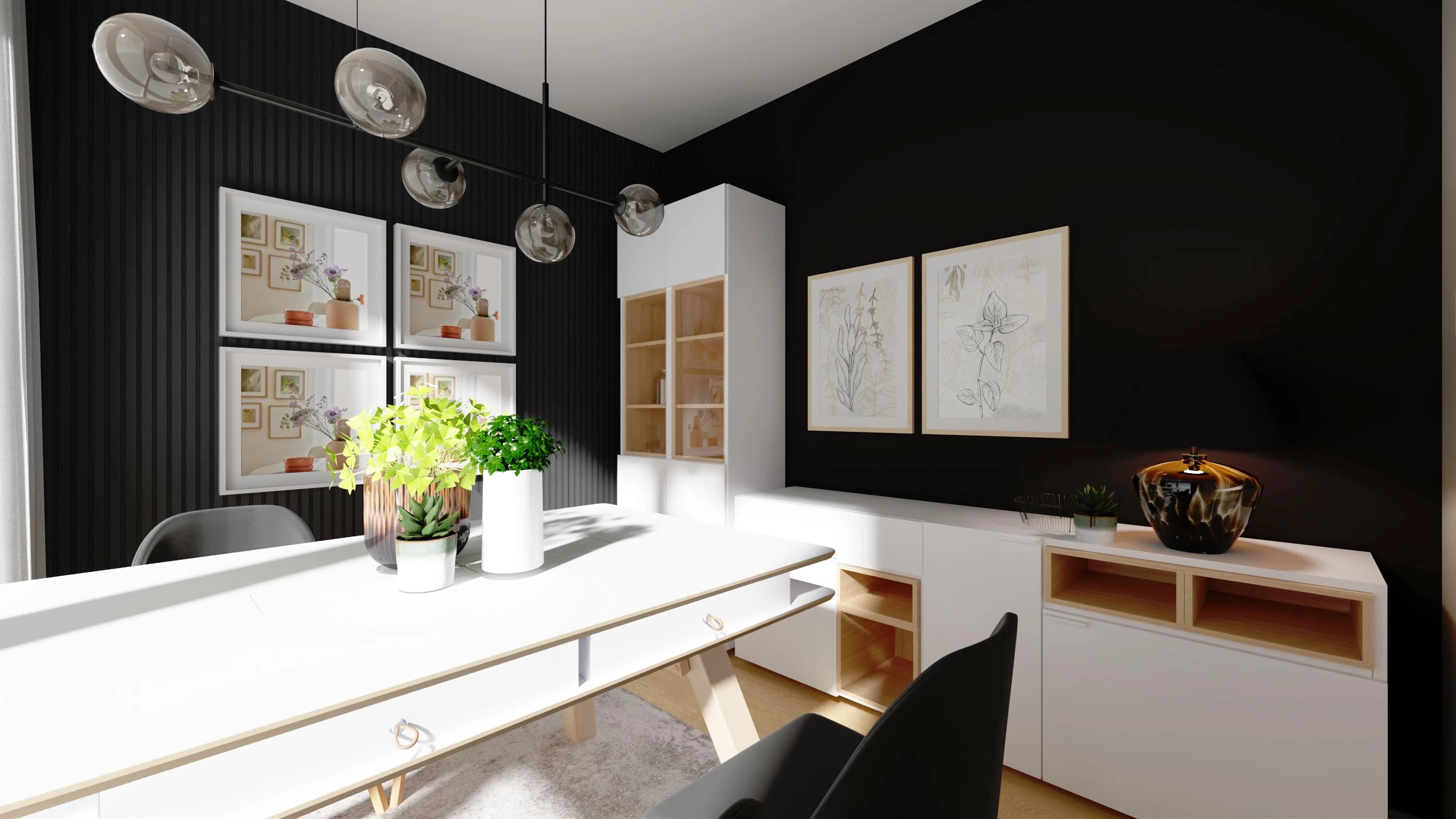 Mała jadalnia w bloku – czerń, biel i drewno