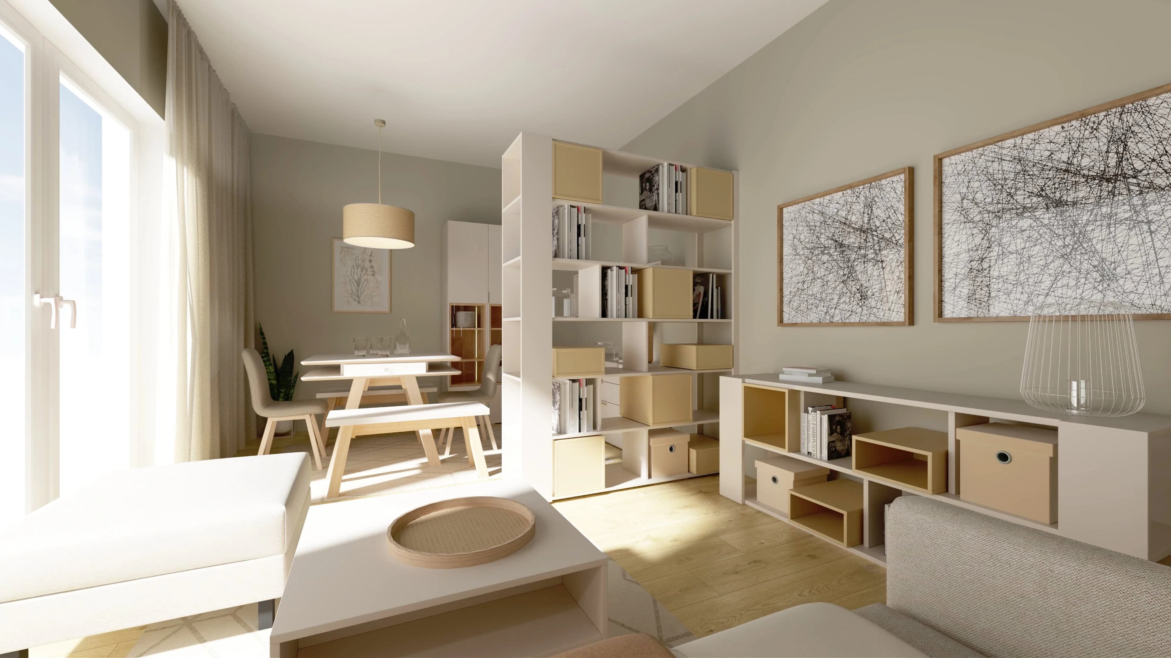 Multifunkcyjny salon z jadalnią i regałem dzielącym przestrzeń