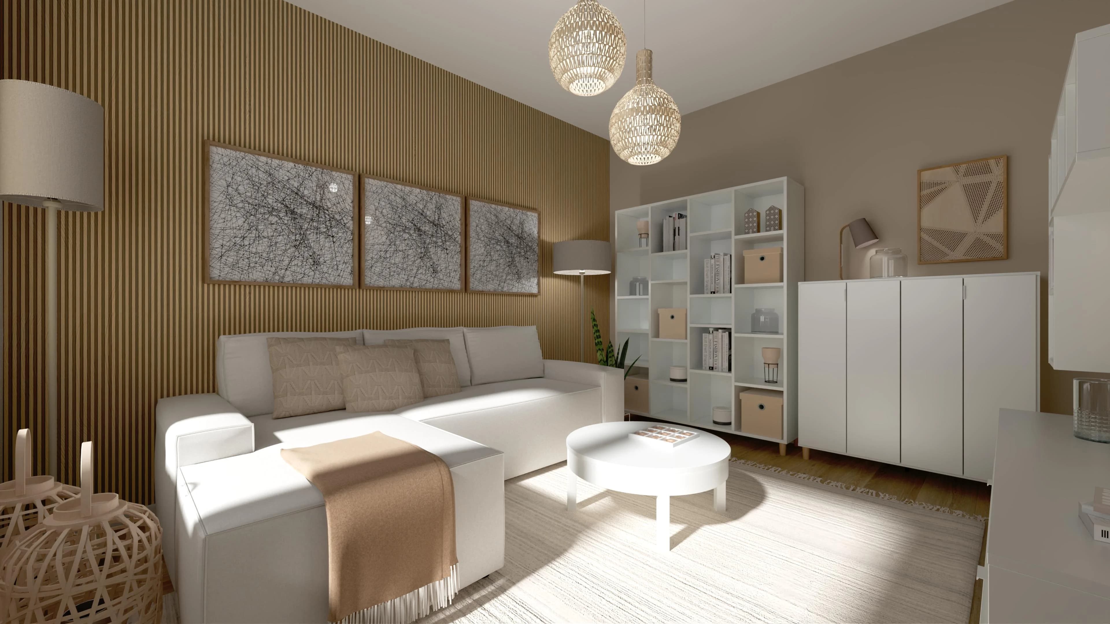 Ciepło drewna i miękkość beżu w małym salonie