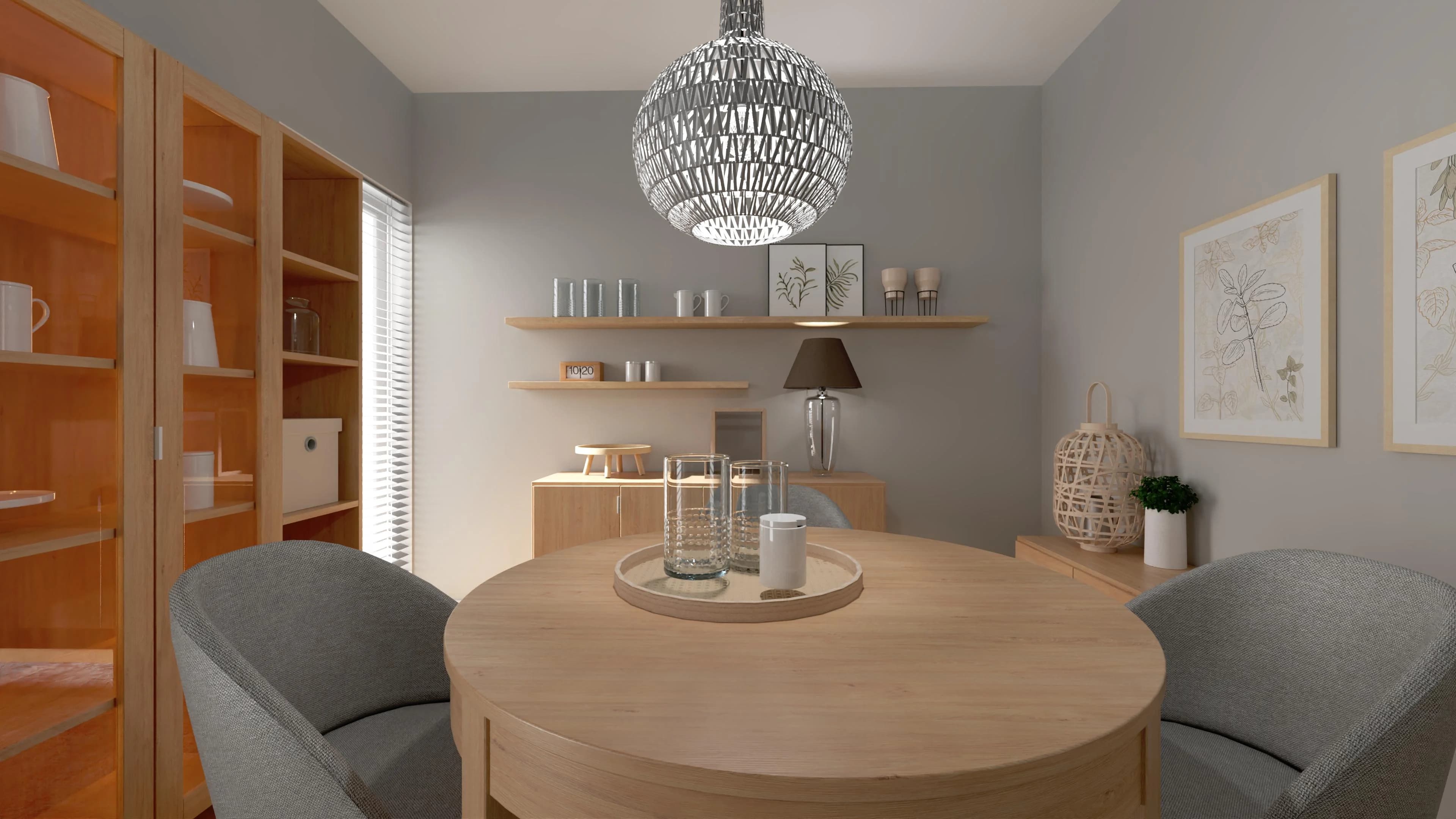 Mała jadalnia z okrągłym stołem i tapicerowanymi krzesłami