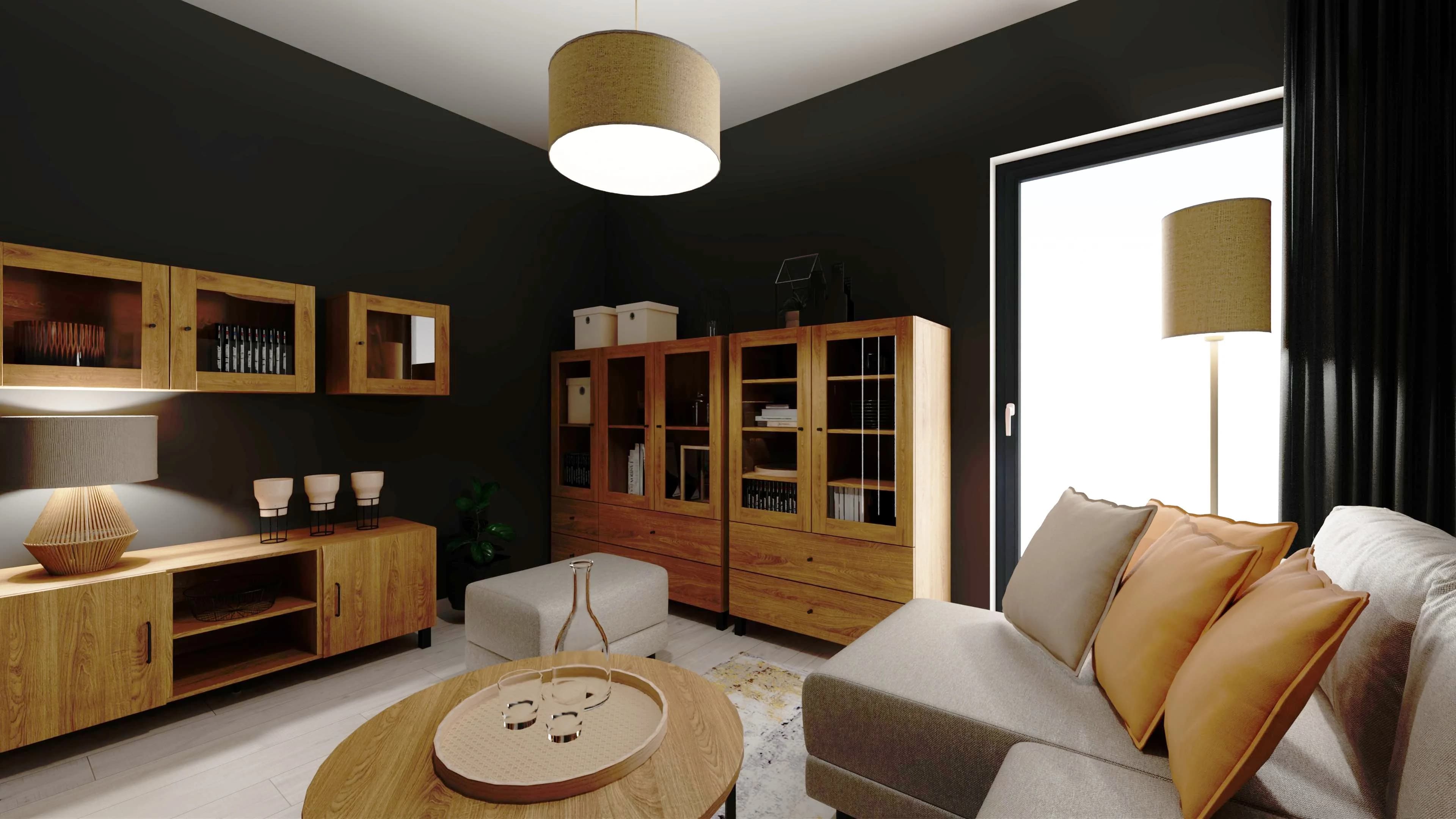 Grafitowy pokój dzienny z akcentami drewna