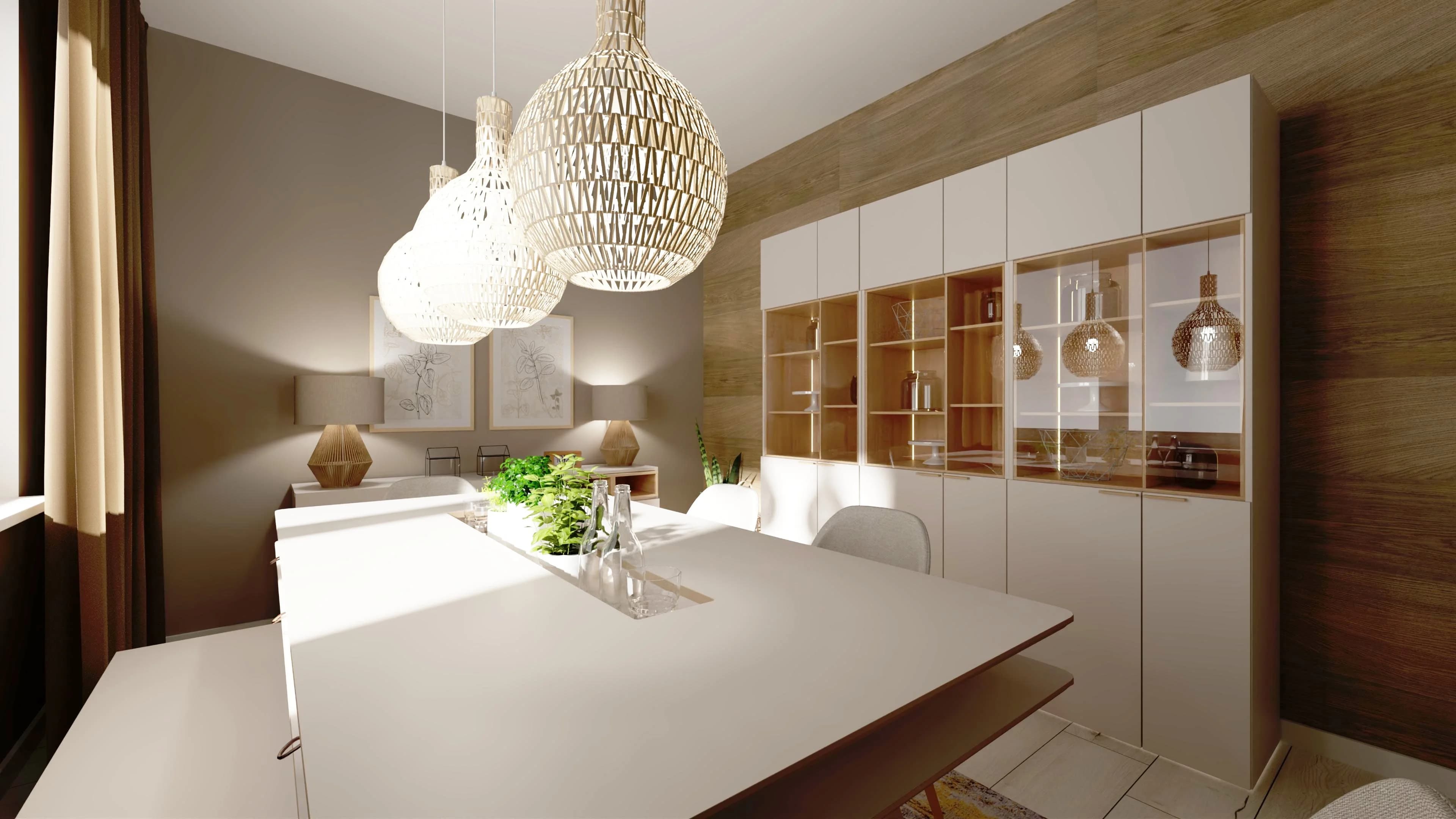 Jadalnia z dużym stołem i ścianą z drewnianym dekorem