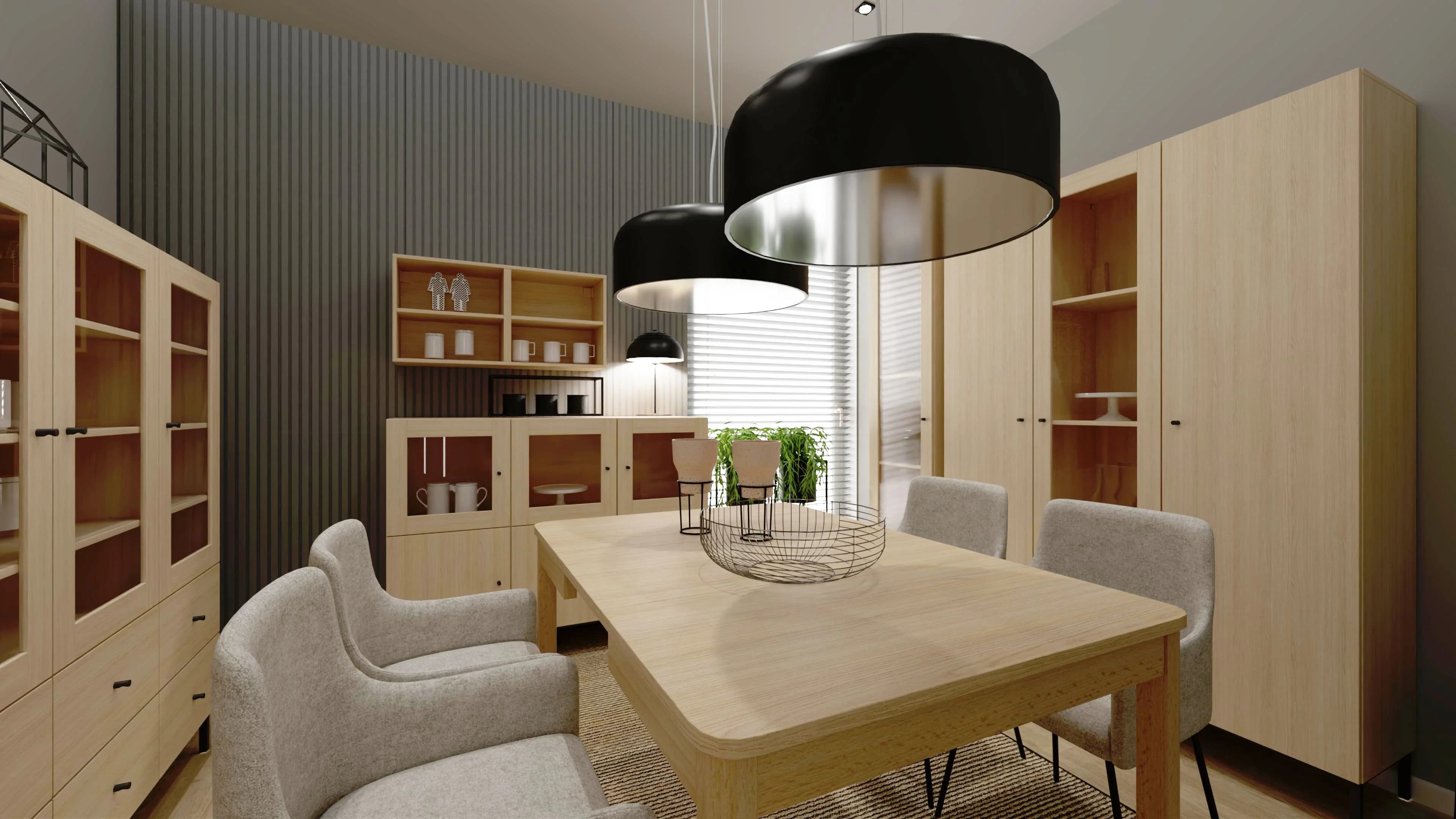 Mała przytulna jadalnia z dębowymi meblami