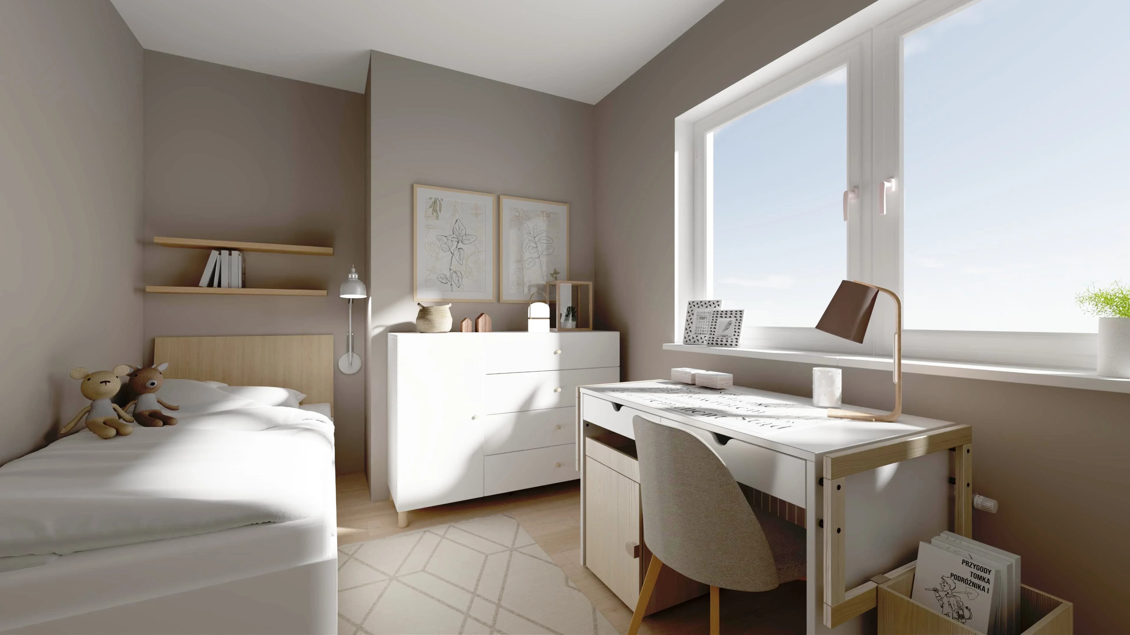 Kameralny pokój dziewczynki z przesuwną szafą 