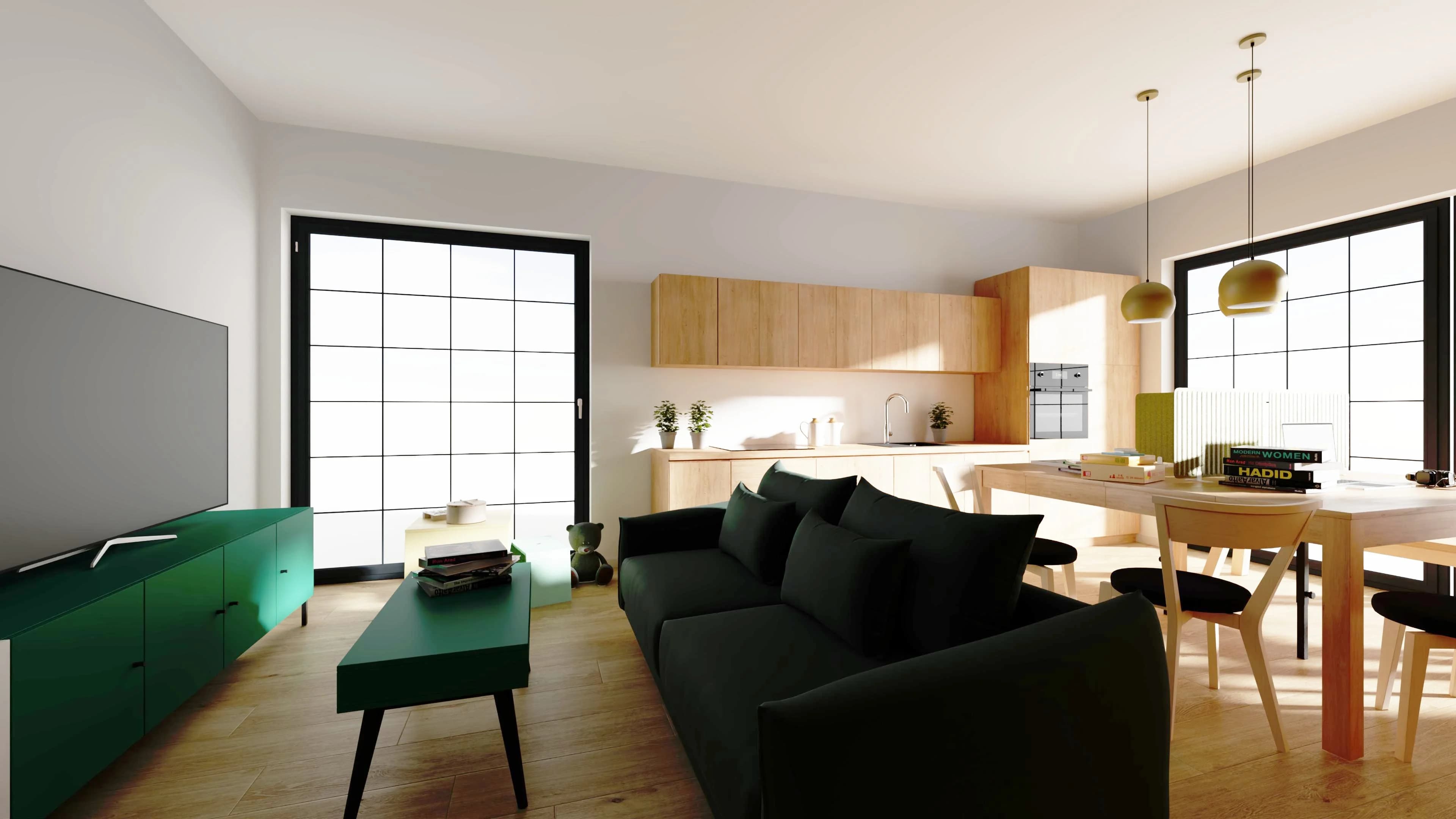 Ciepły salon z kuchnią i miejscem do pracy