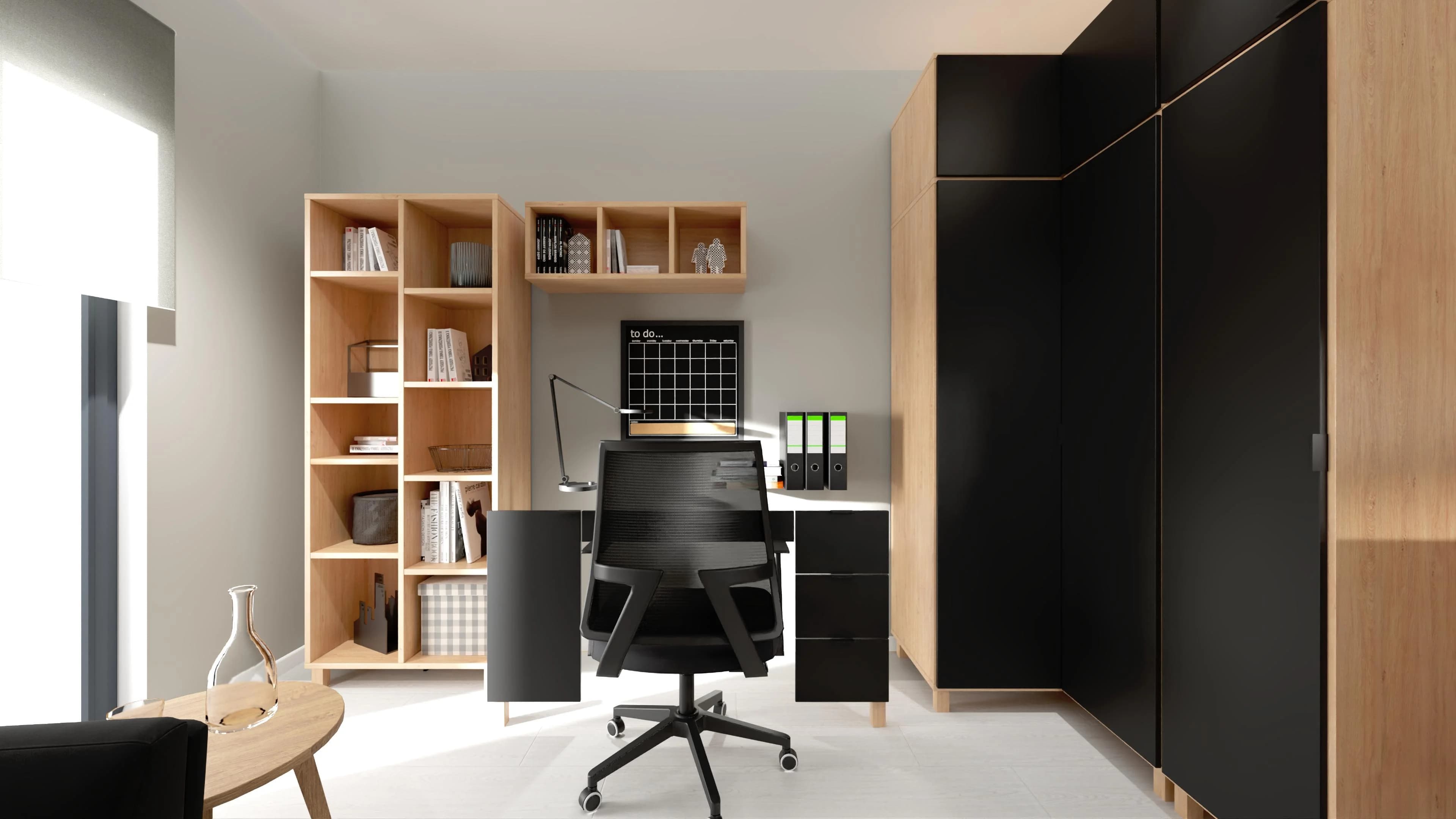 Mały gabinet z czarnymi akcentami