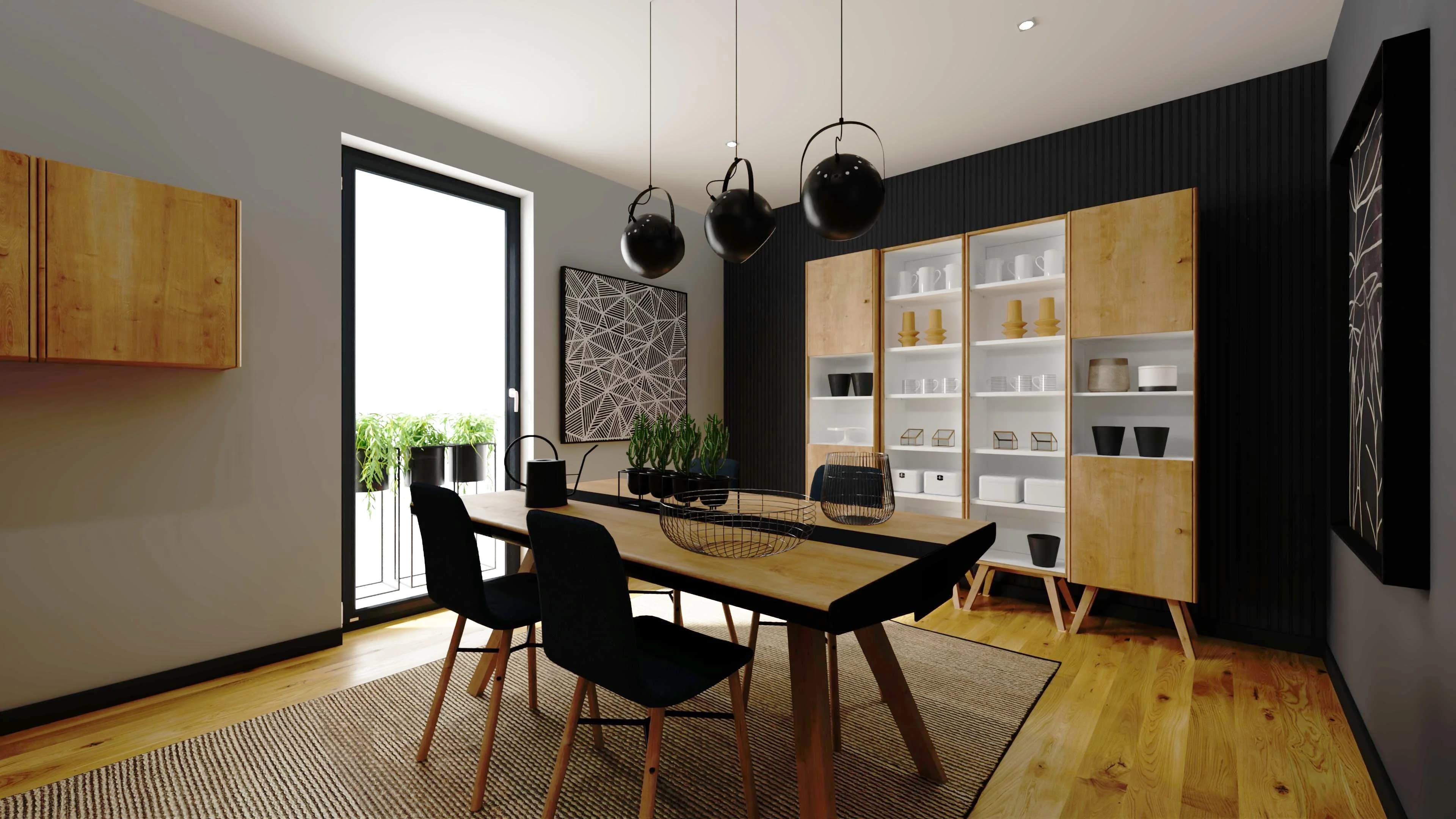 Nastrojowa jadalnia z czarną ścianą i drewnianą podłogą