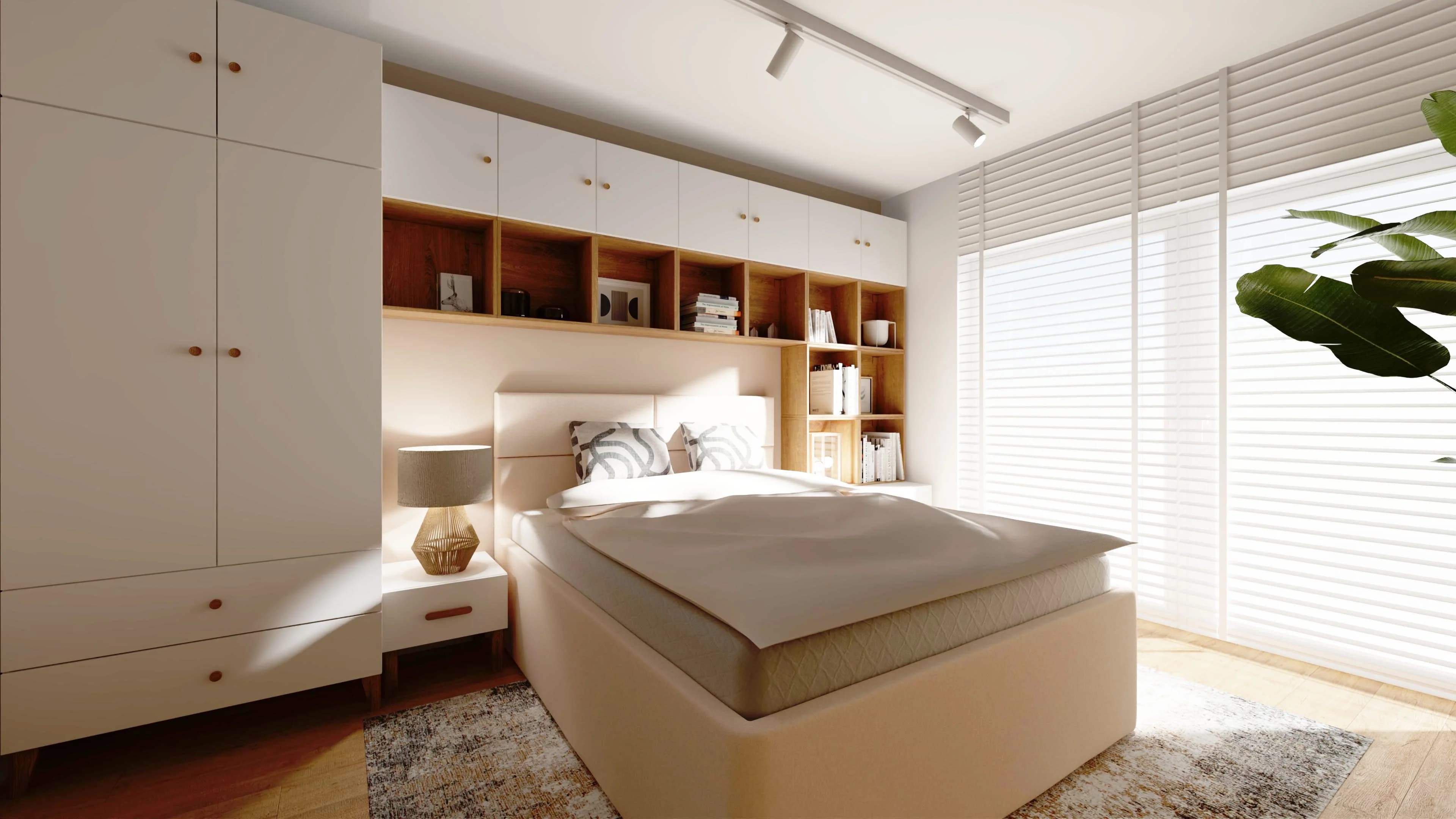 Jasna sypialnia z dużym oknem i zabudową wokół łóżka 