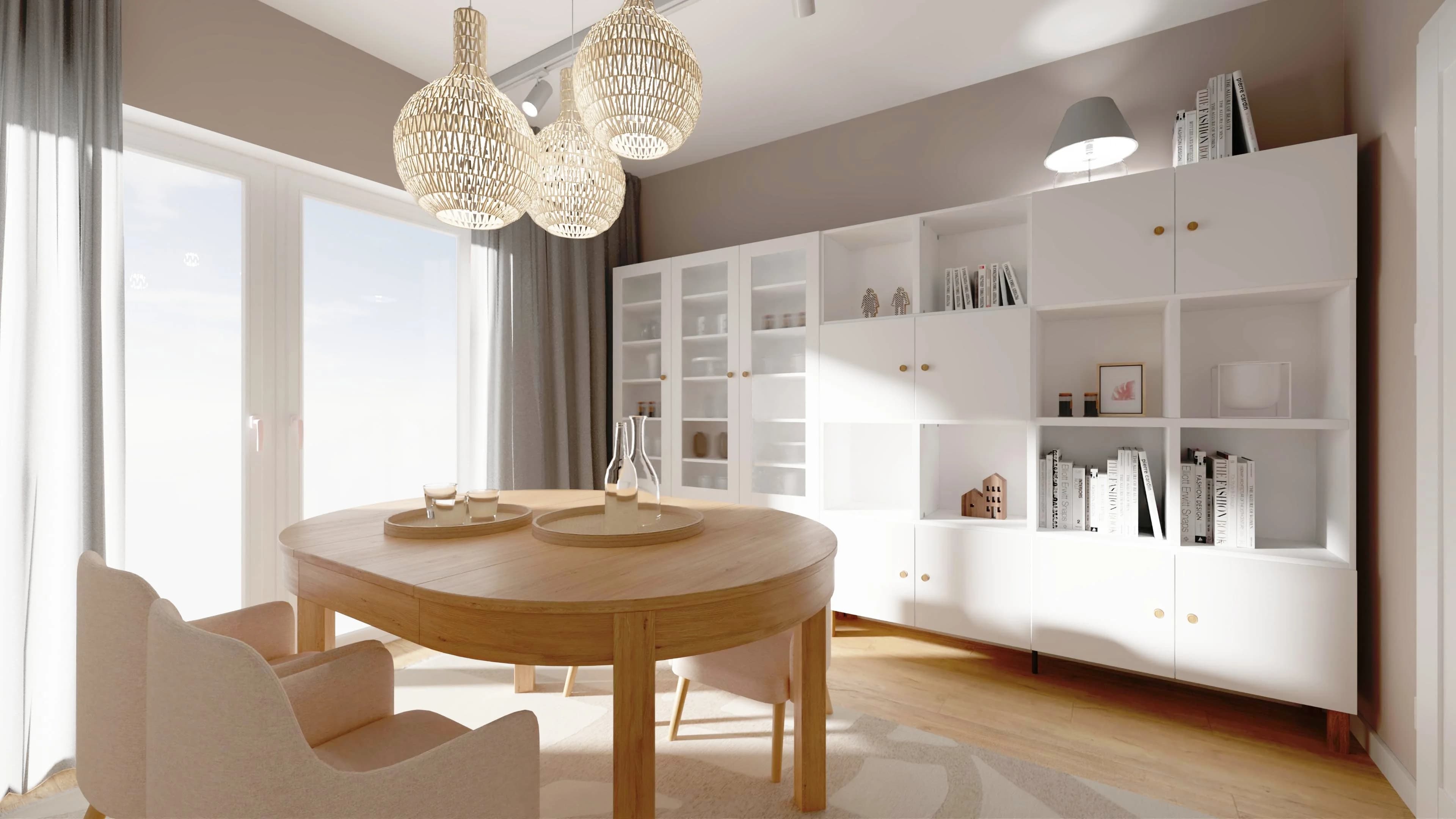 Słoneczna jadalnia z owalnym stołem 