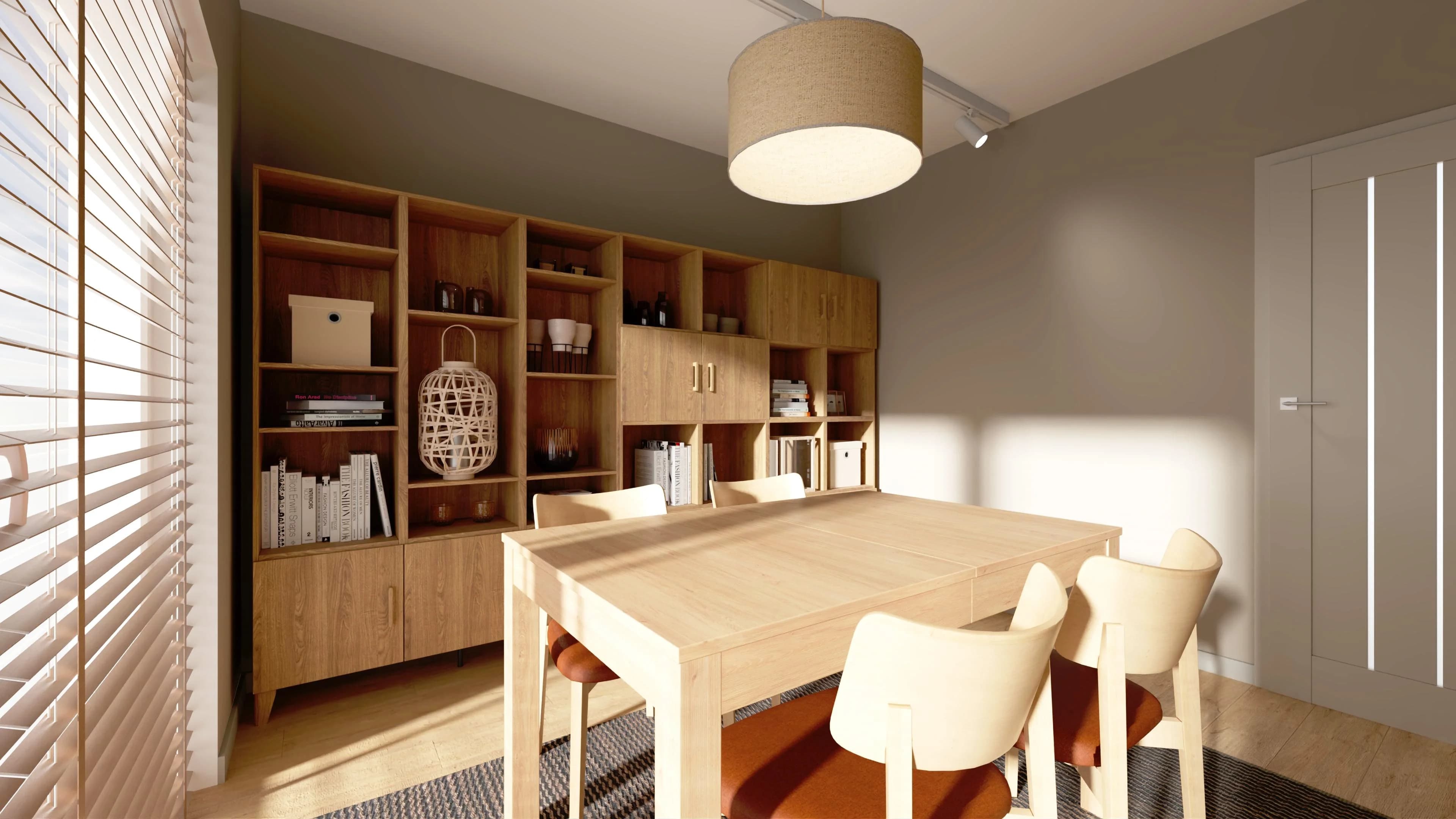 Pełna naturalnego uroku jadalnia w kolorach drewna 