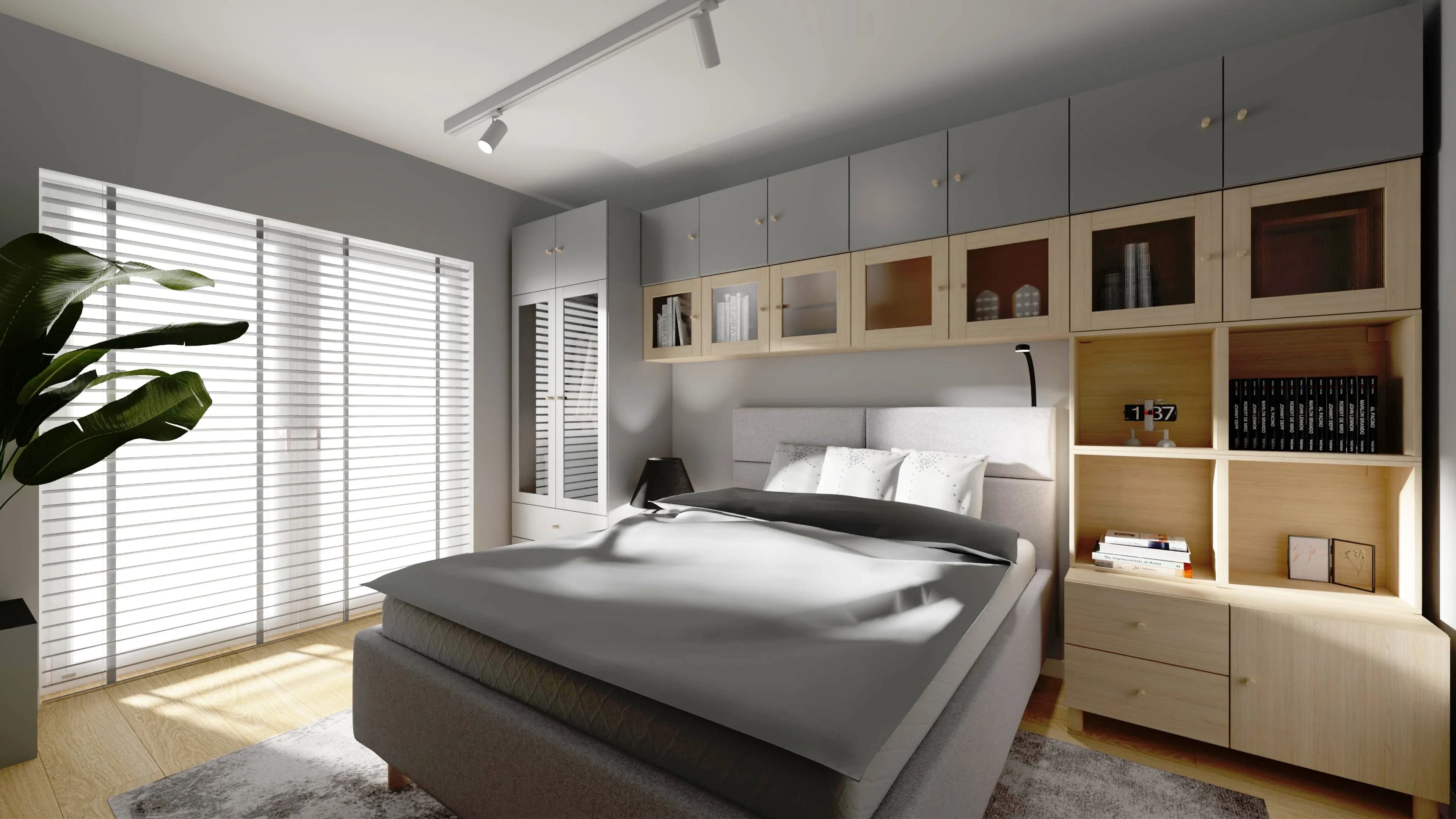 Minimalizm i komfort w szarej aranżacji sypialni