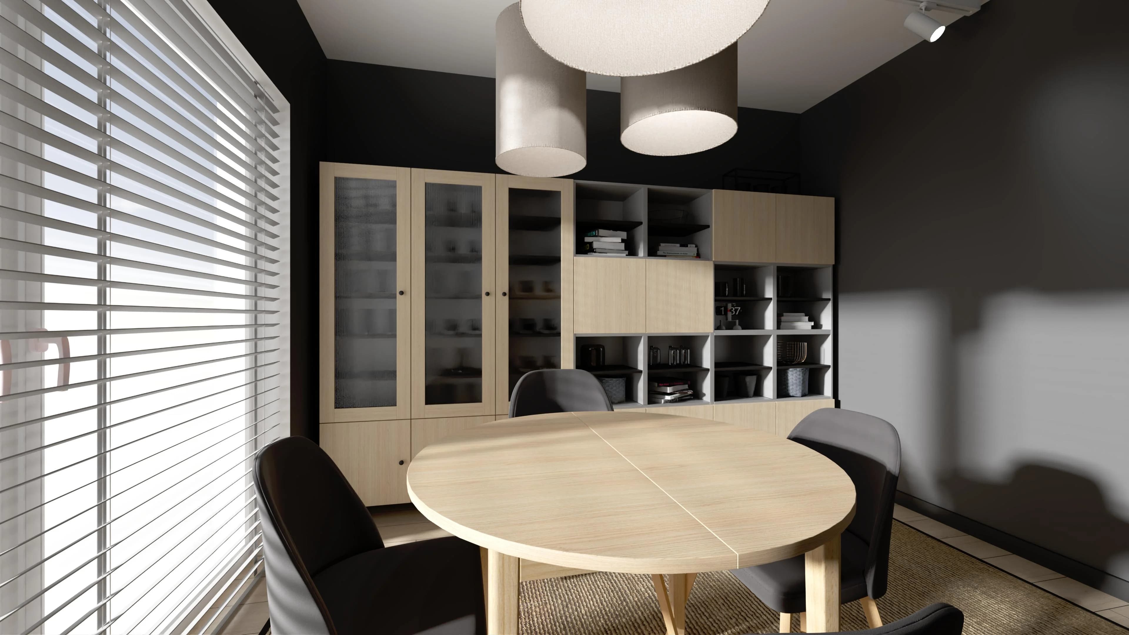 Stylowa jadalnia w kontrastach drewna i czerni