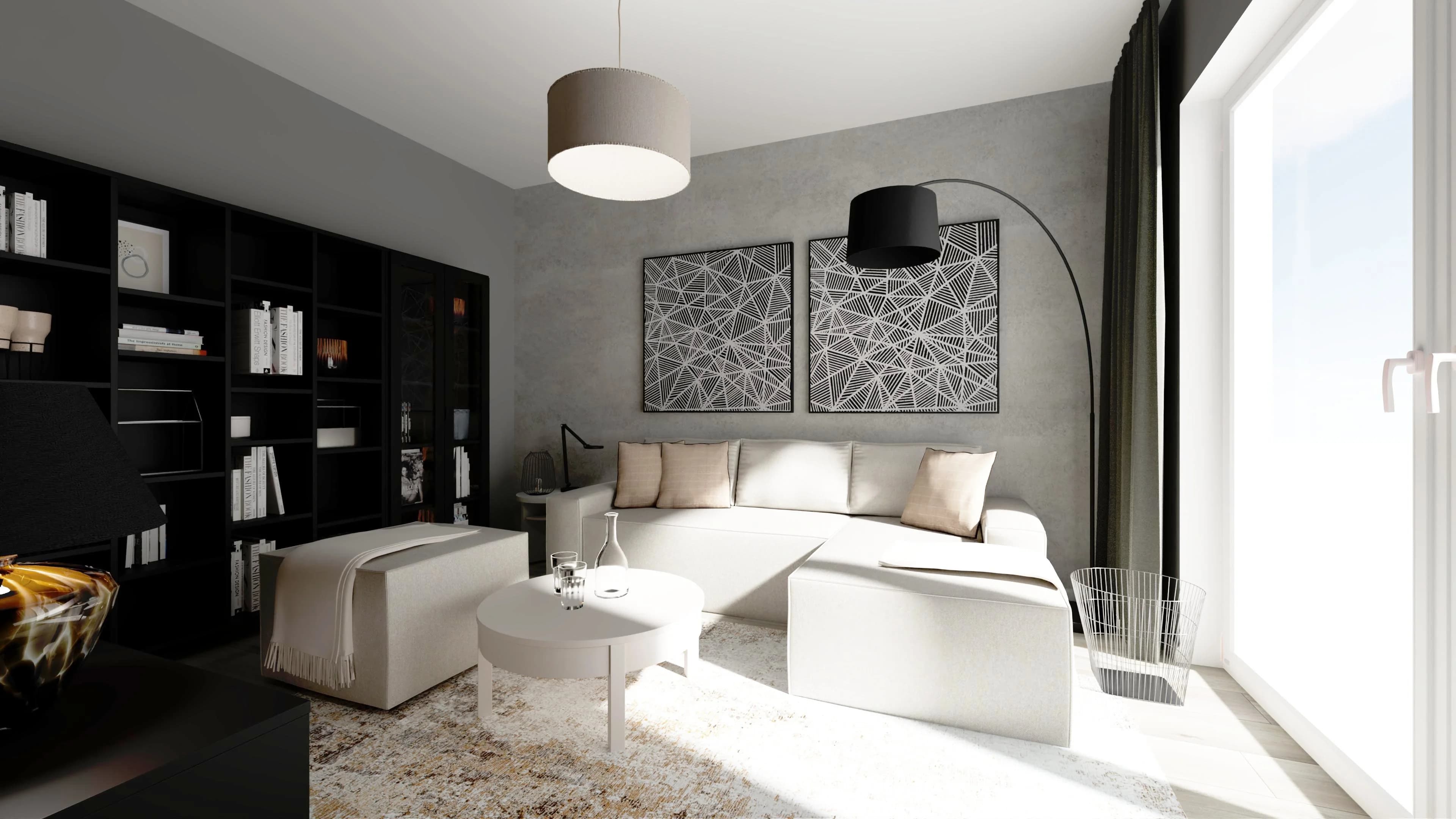 Wyrafinowany salon w tonacji szaro-czarnej