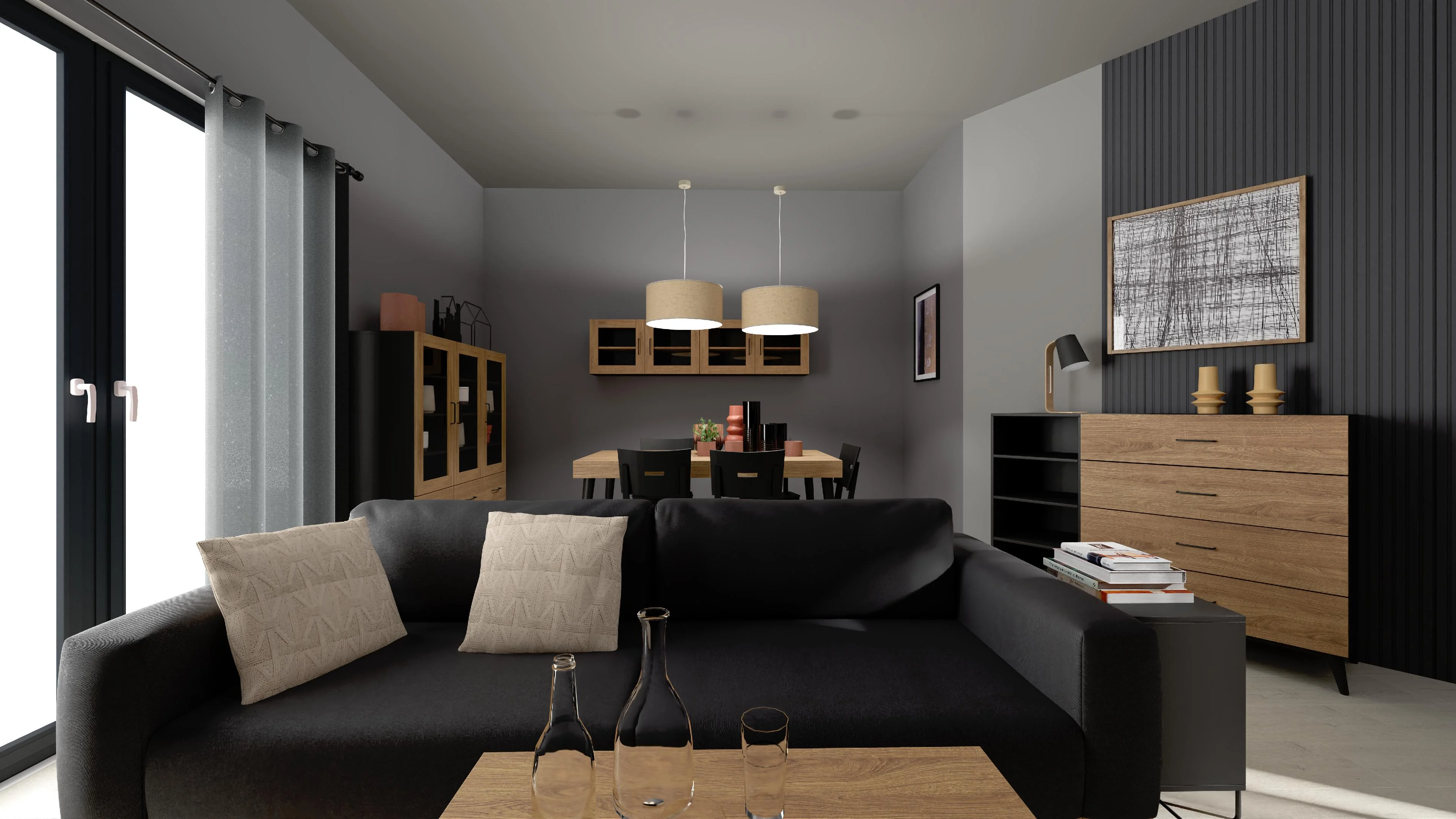 Kontrastowy salon z jadalnią w eleganckim wydaniu