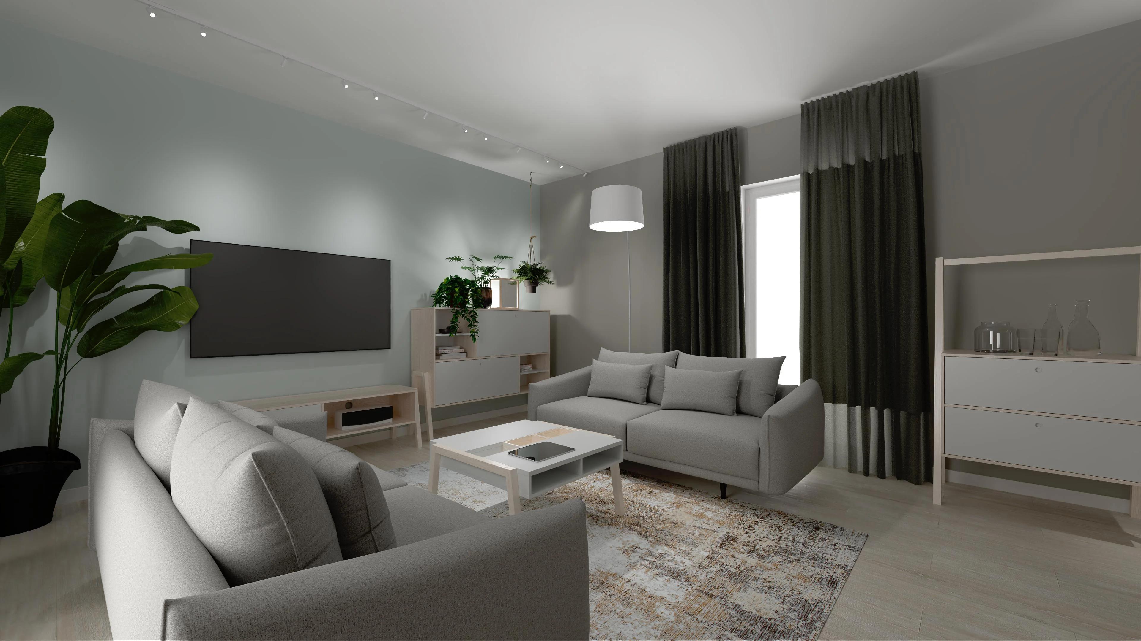 Szary salon z tv i dwiema sofami