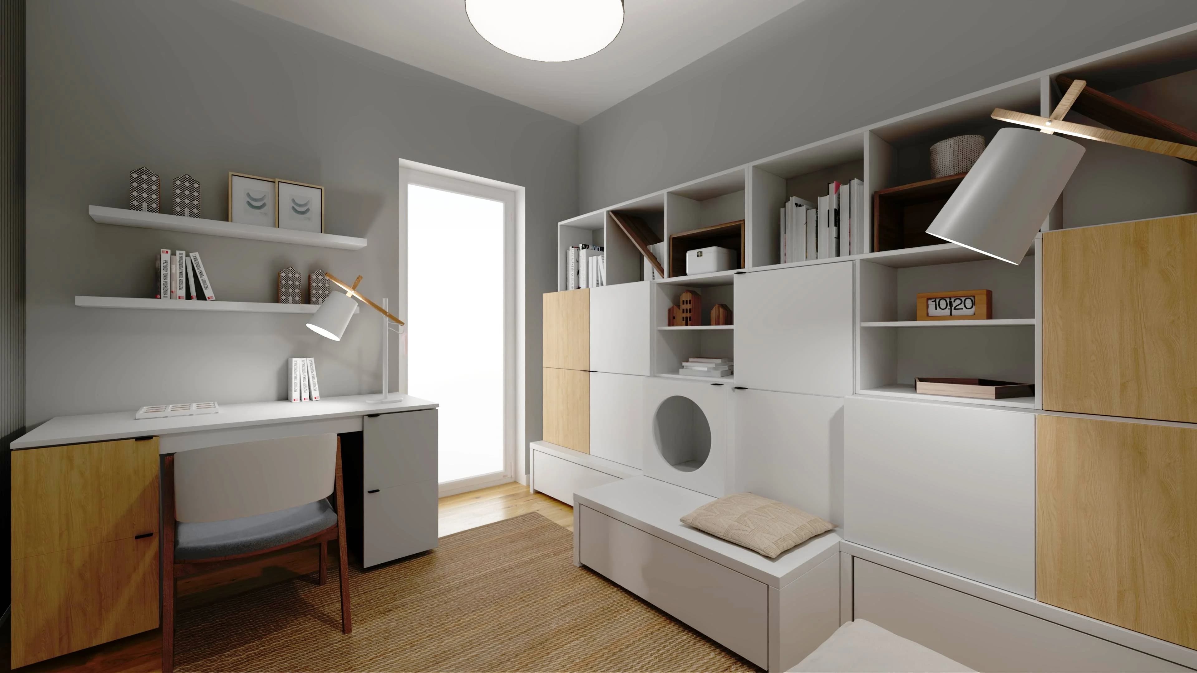 Nowoczesny gabinet z zabudową regałów