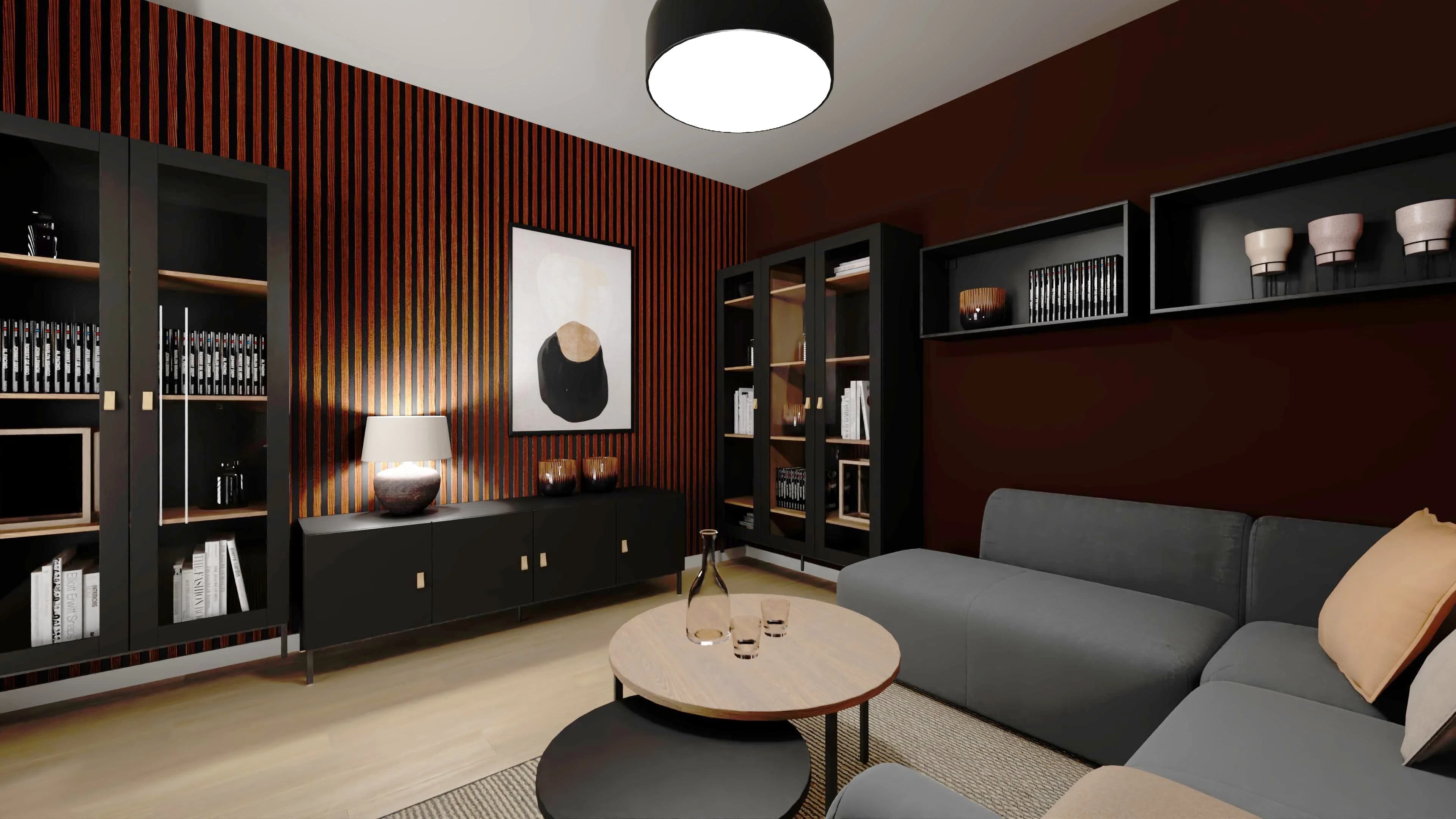 Nastrojowy salon w brązach z czarnymi meblami