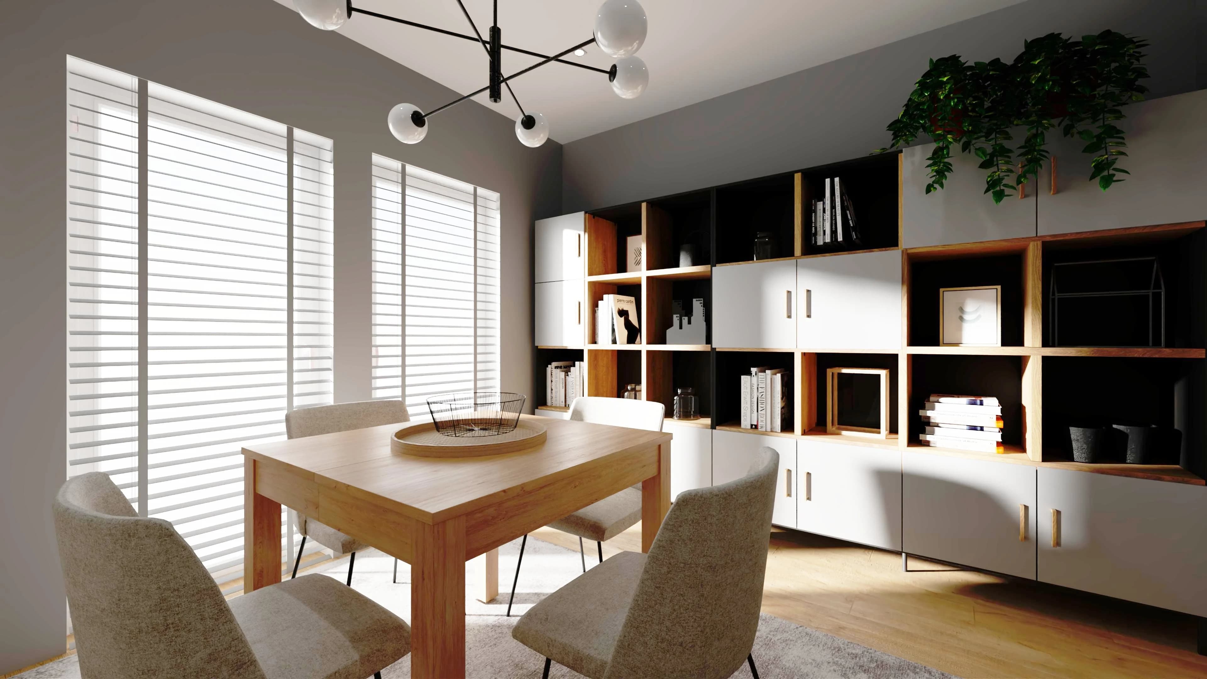 Szaro-drewniana jadalnia w nowoczesnym wydaniu