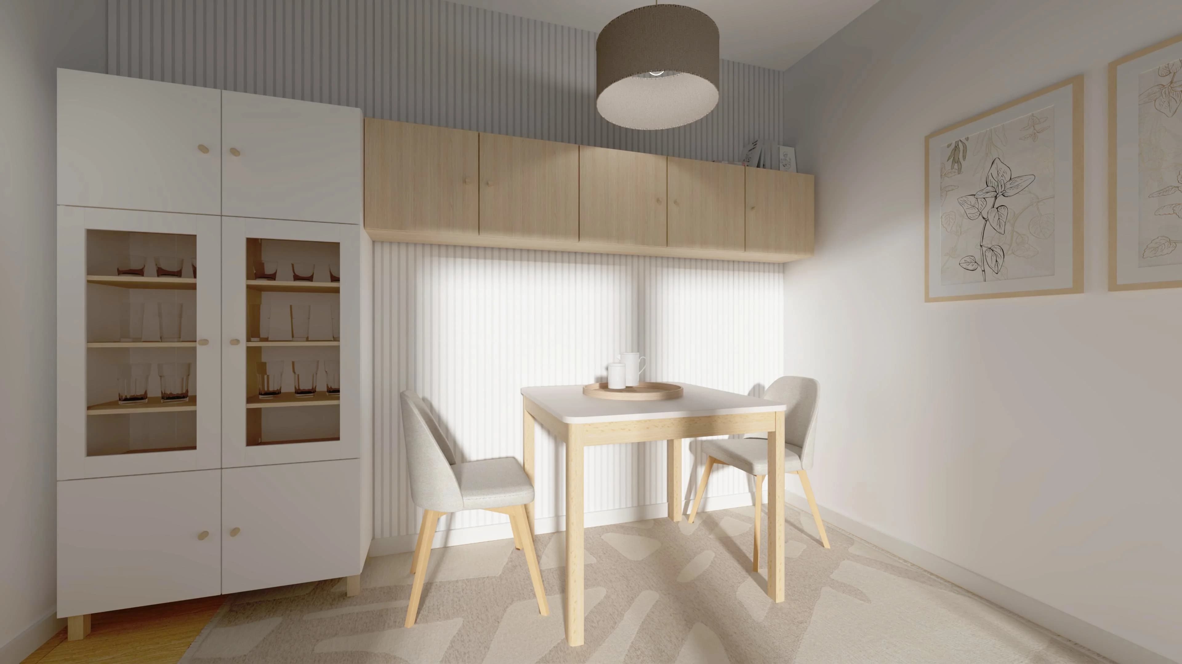 Mała jasna jadalnia z lamelami na ścianie