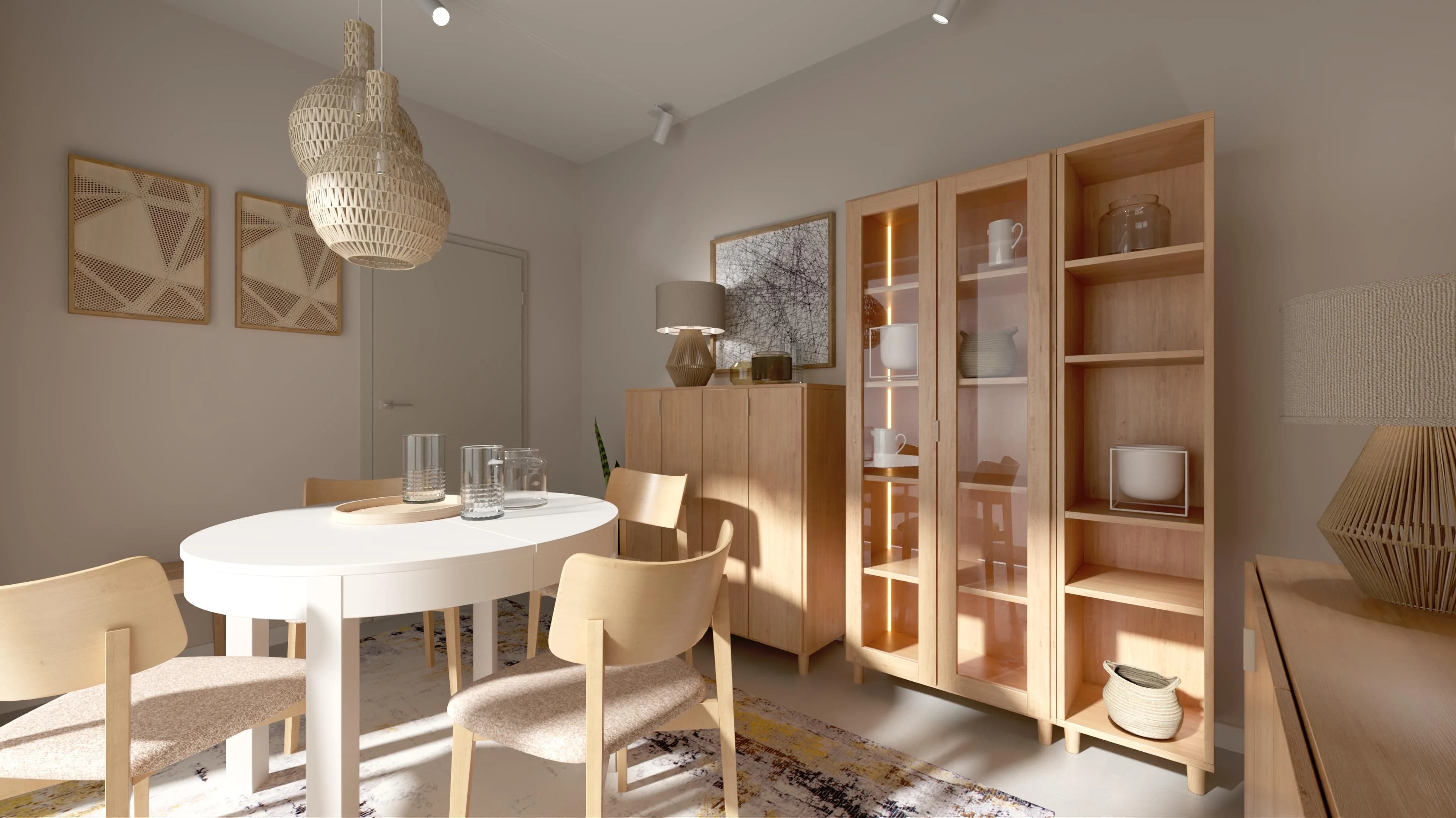 Mała beżowa jadalnia z okrągłym stołem