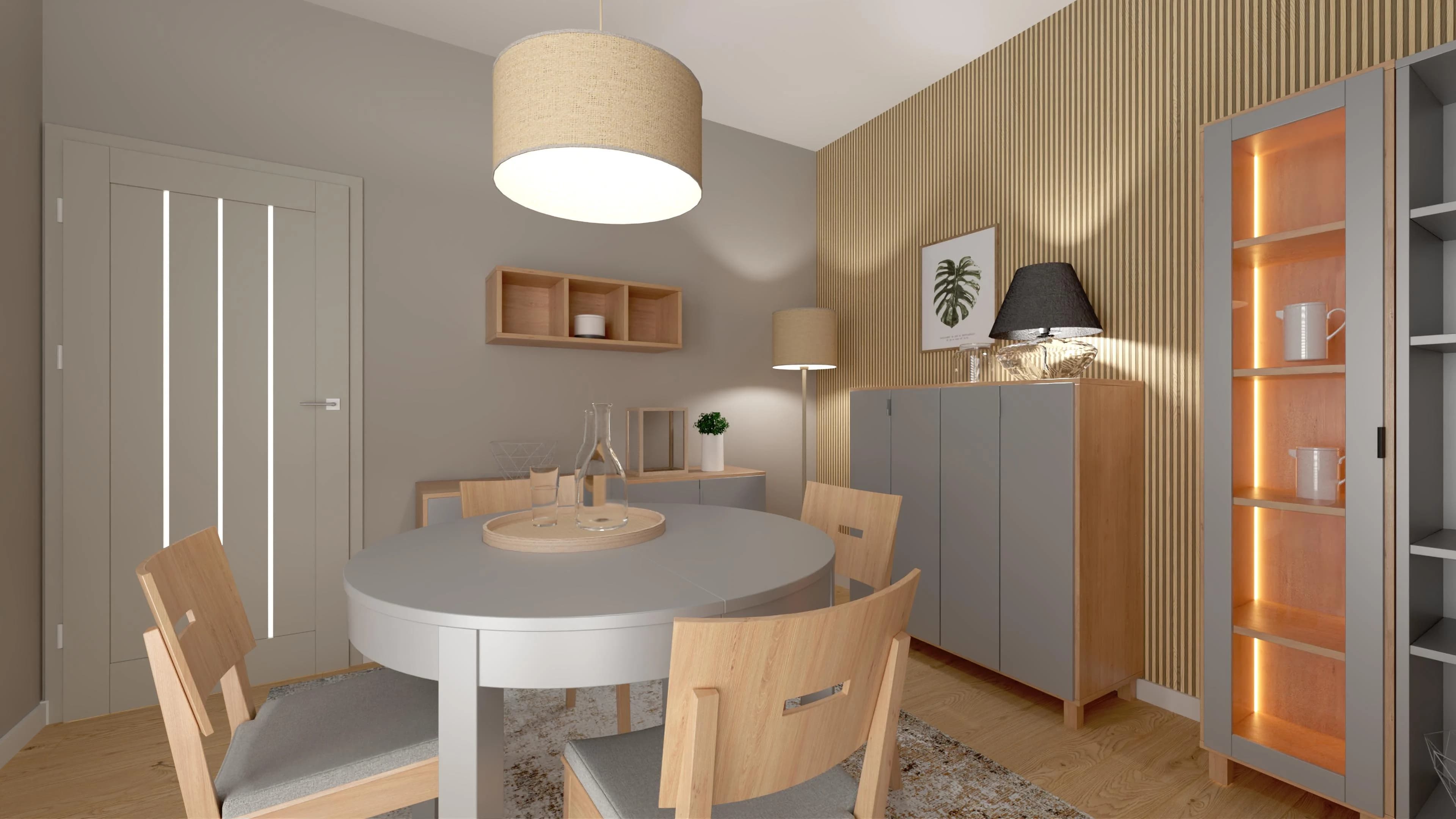 Klimatyczna jadalnia z szarymi ścianami i drewnianymi meblami