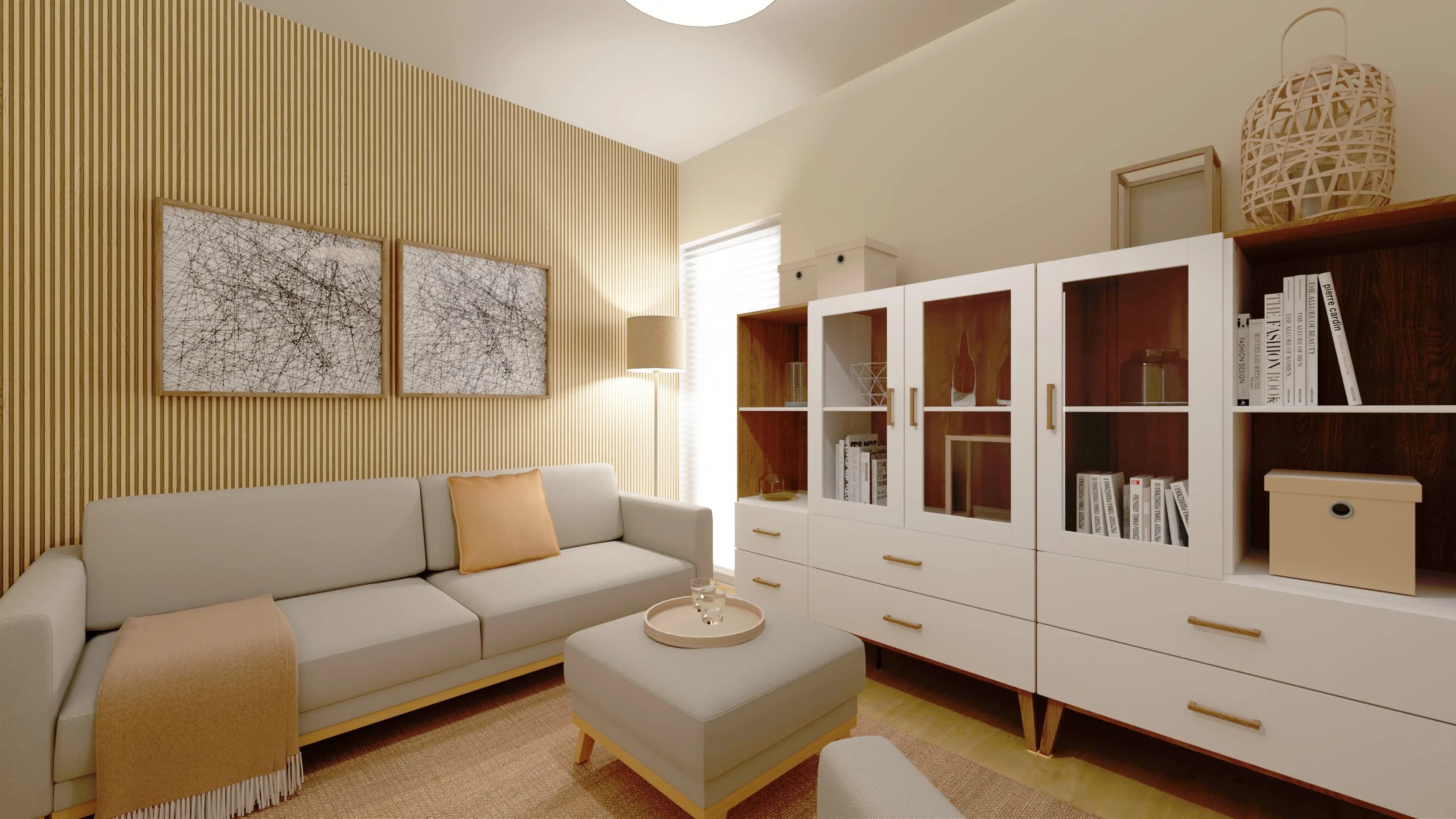 Beżowy salon z szarym zestawem wypoczynkowym