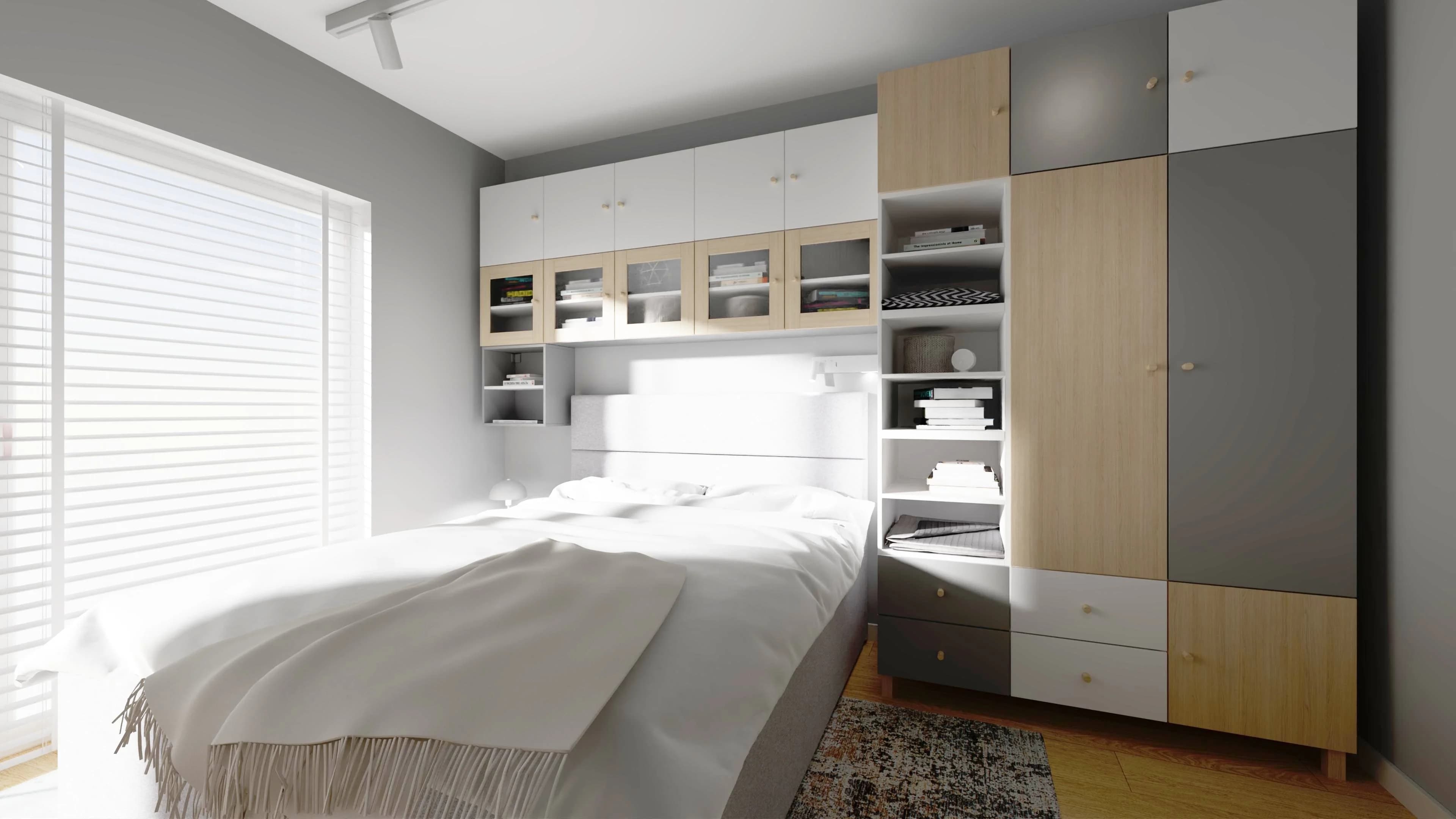 Słoneczna sypialnia z zabudową wokół łóżka