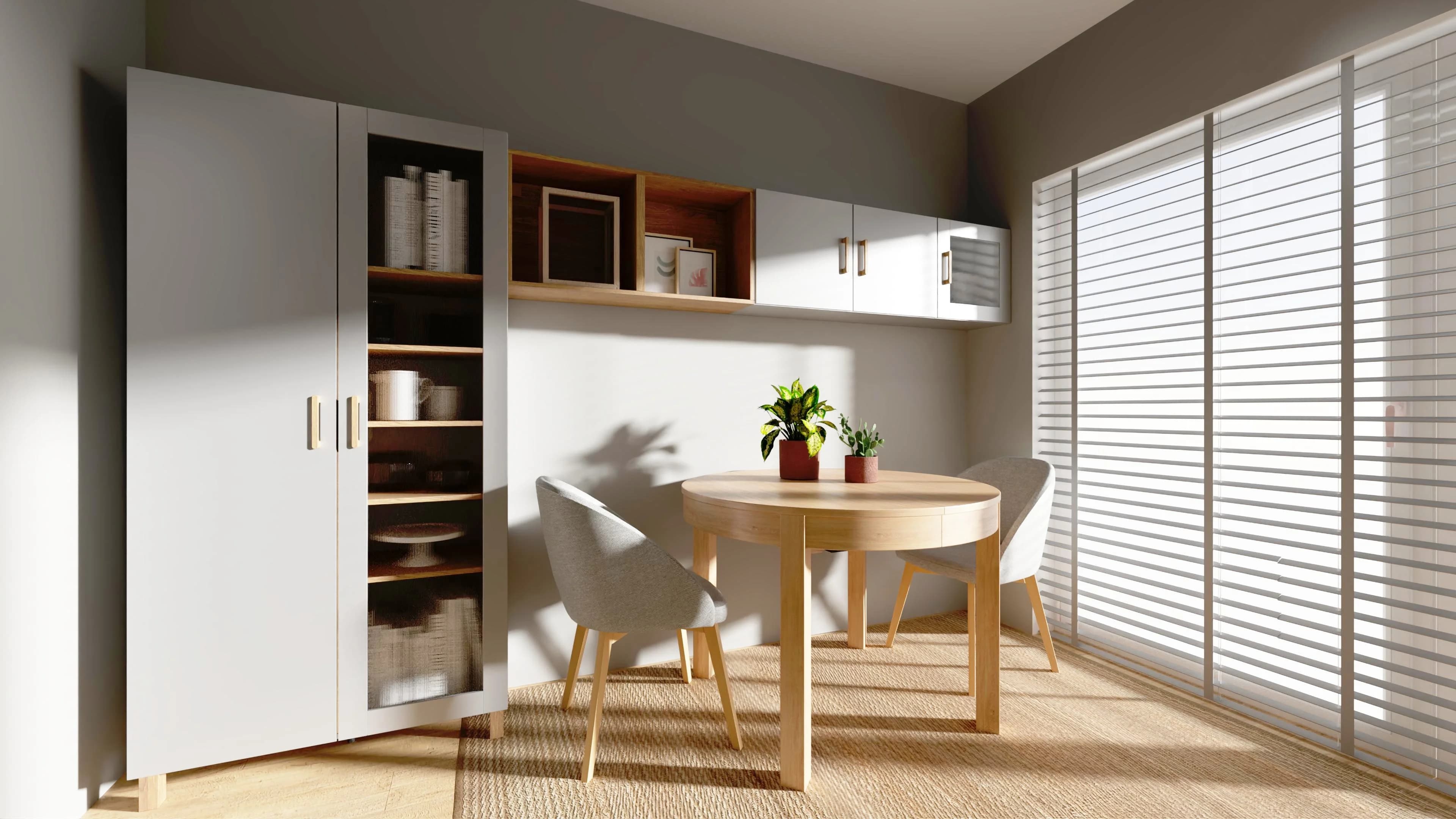 Mała przytulna jadalnia z okrągłym stołem i dużym oknem