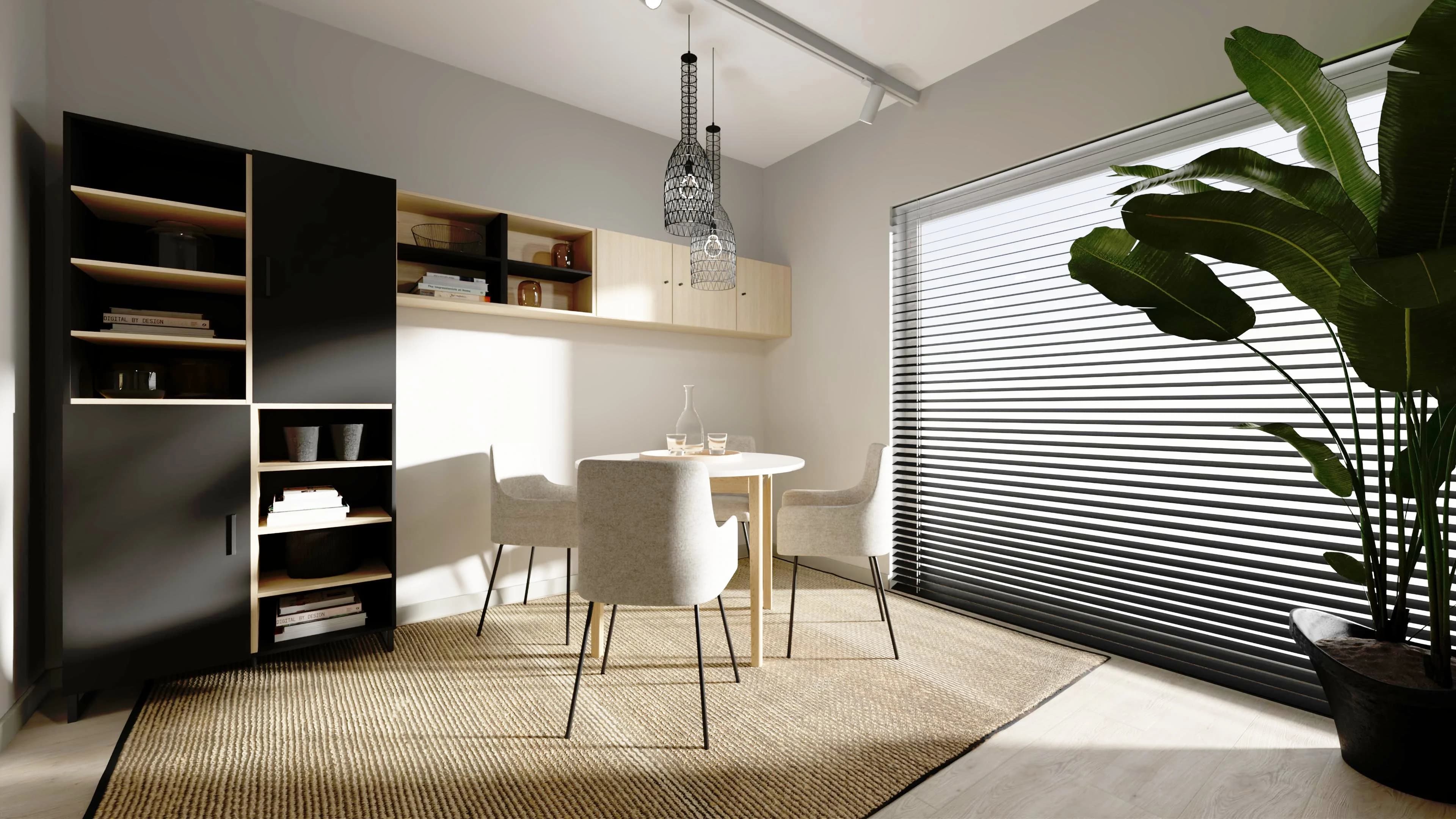 Przytulna nowoczesność – drewno i czerń w jadalni