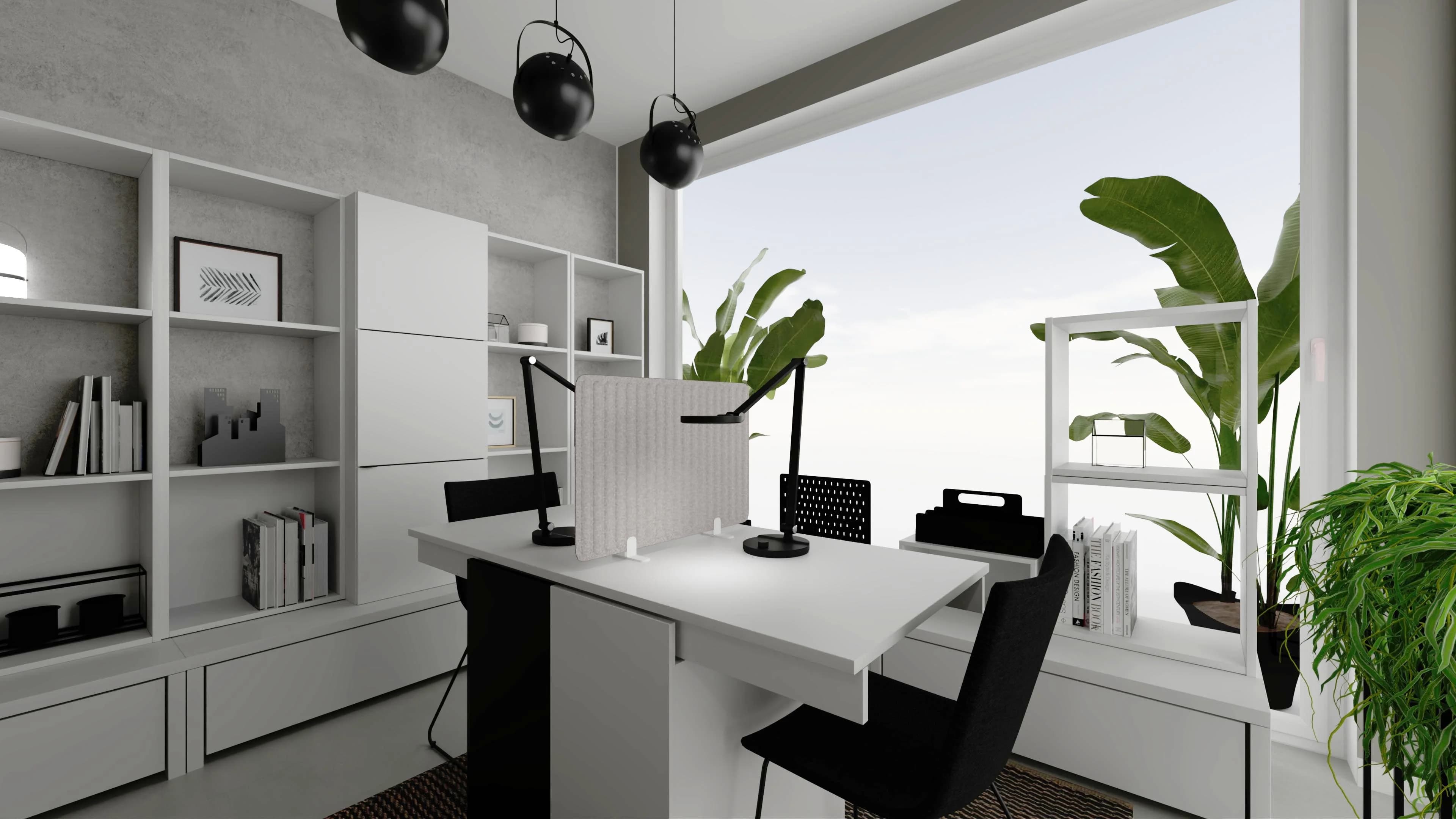 Nowoczesny duet – biel i czerń w gabinecie dla dwóch osób 