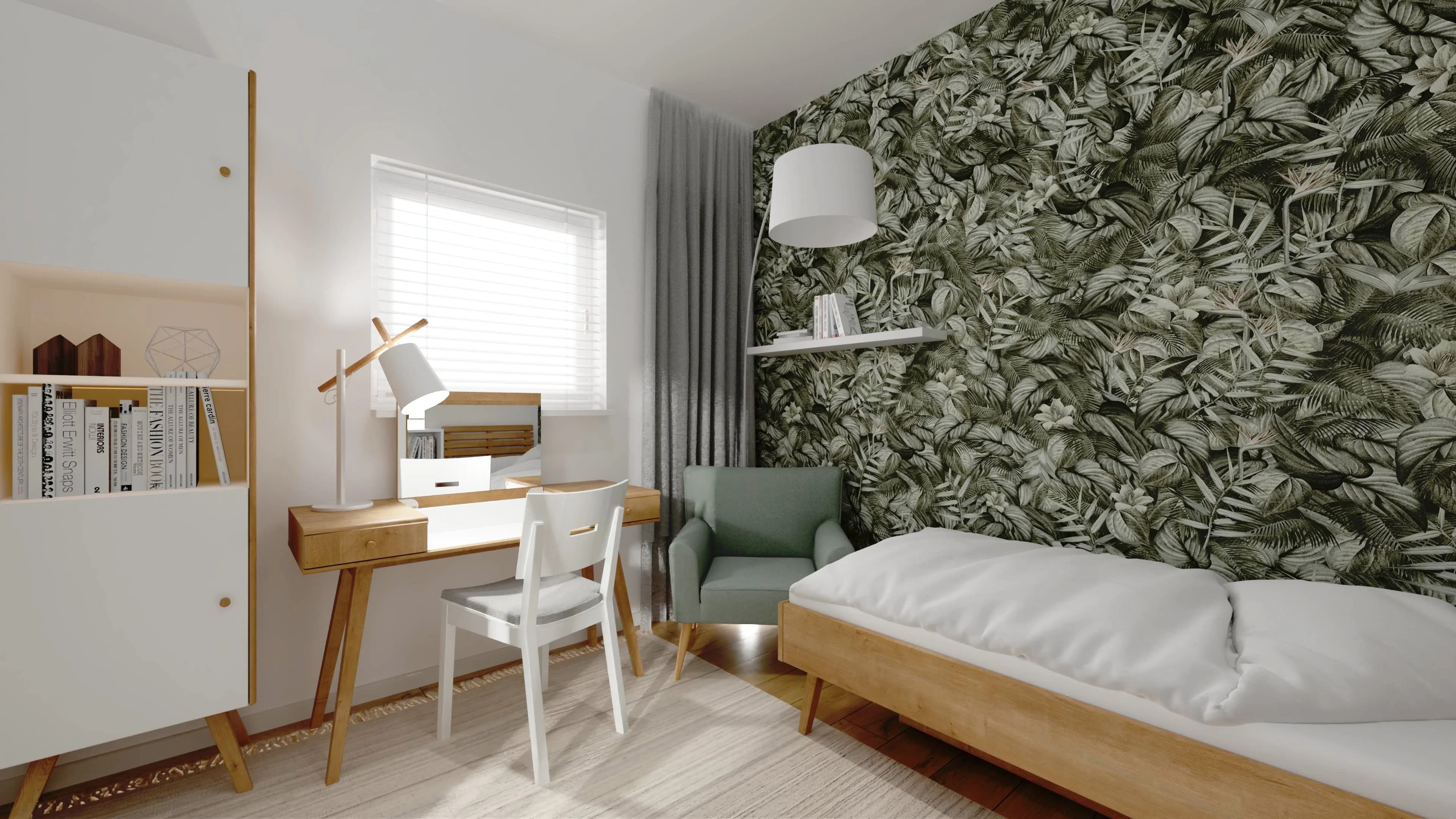 A teenage girl's small room with a botanical wall