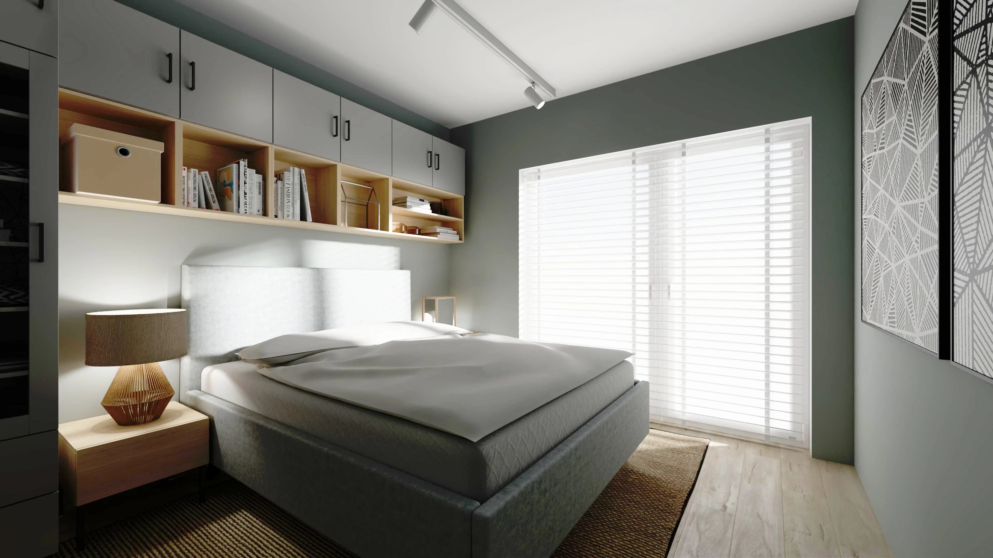 Elegancka szara sypialnia z naturalnym akcentem