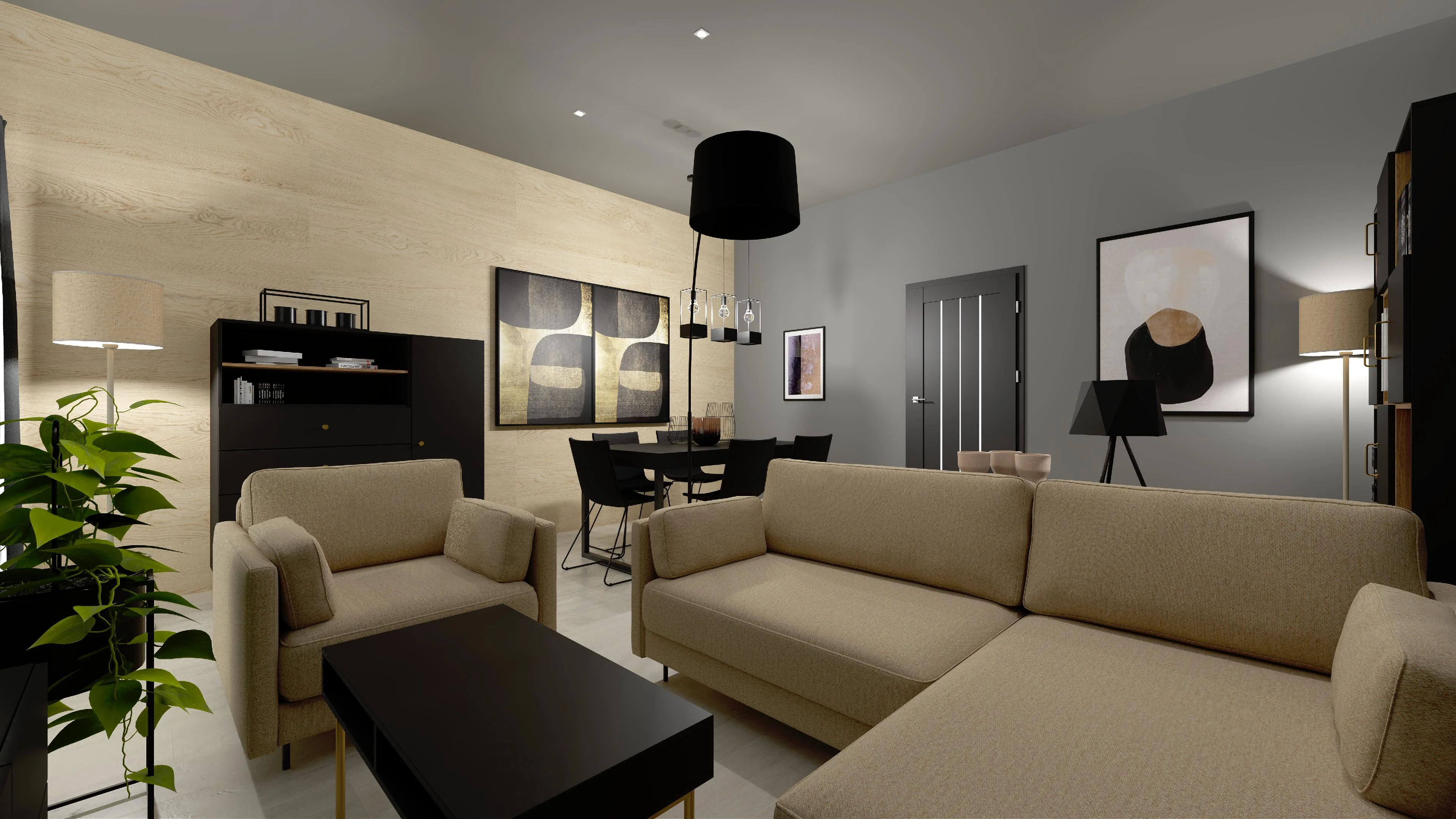 Modernistyczny living room z drewnianą ścianą